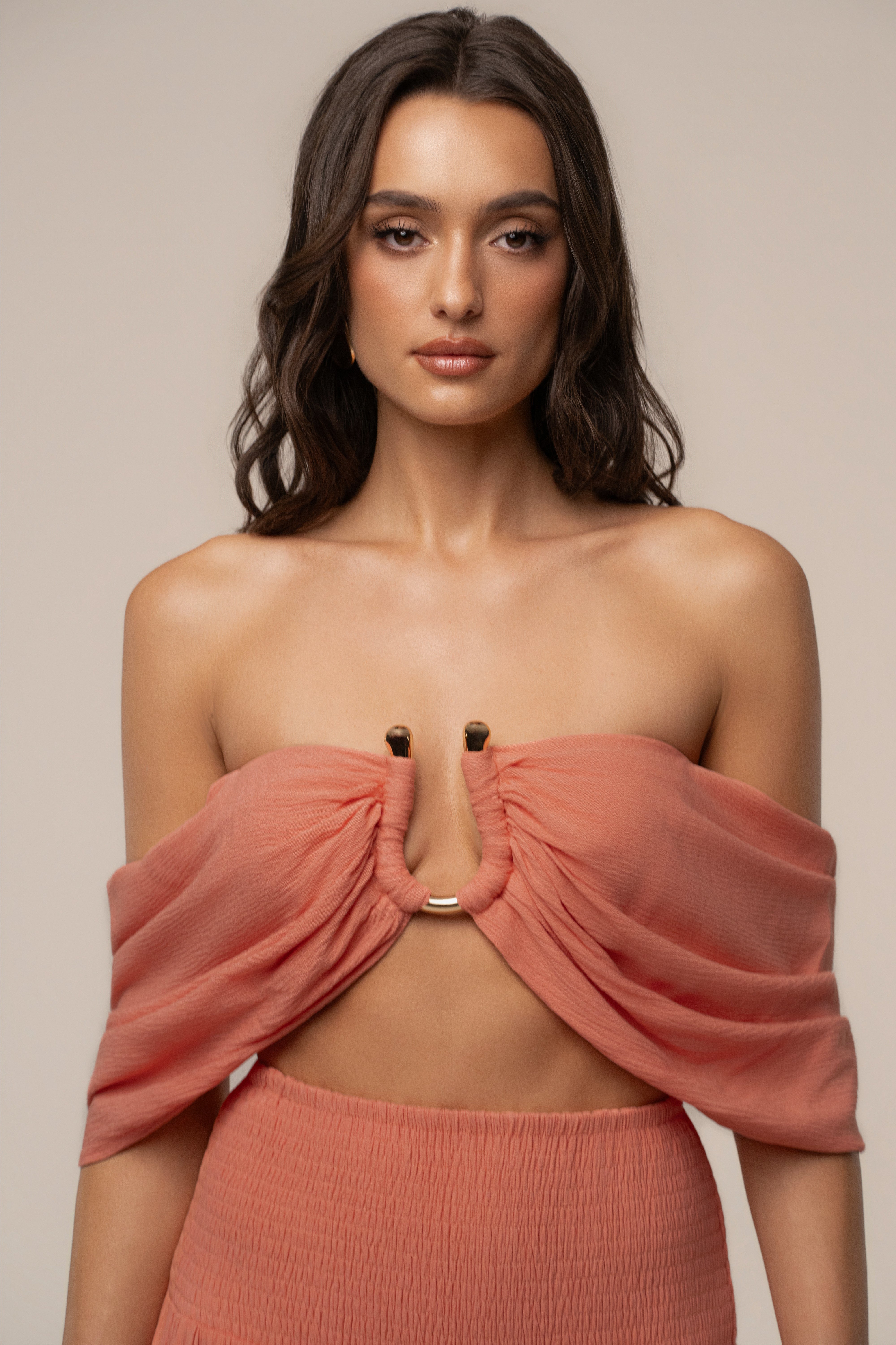 Peach Hidden Gems tier pant set by JLUXLABEL featuring layered, flowy fabric and stylish design, perfect for casual or dressy occasions.
