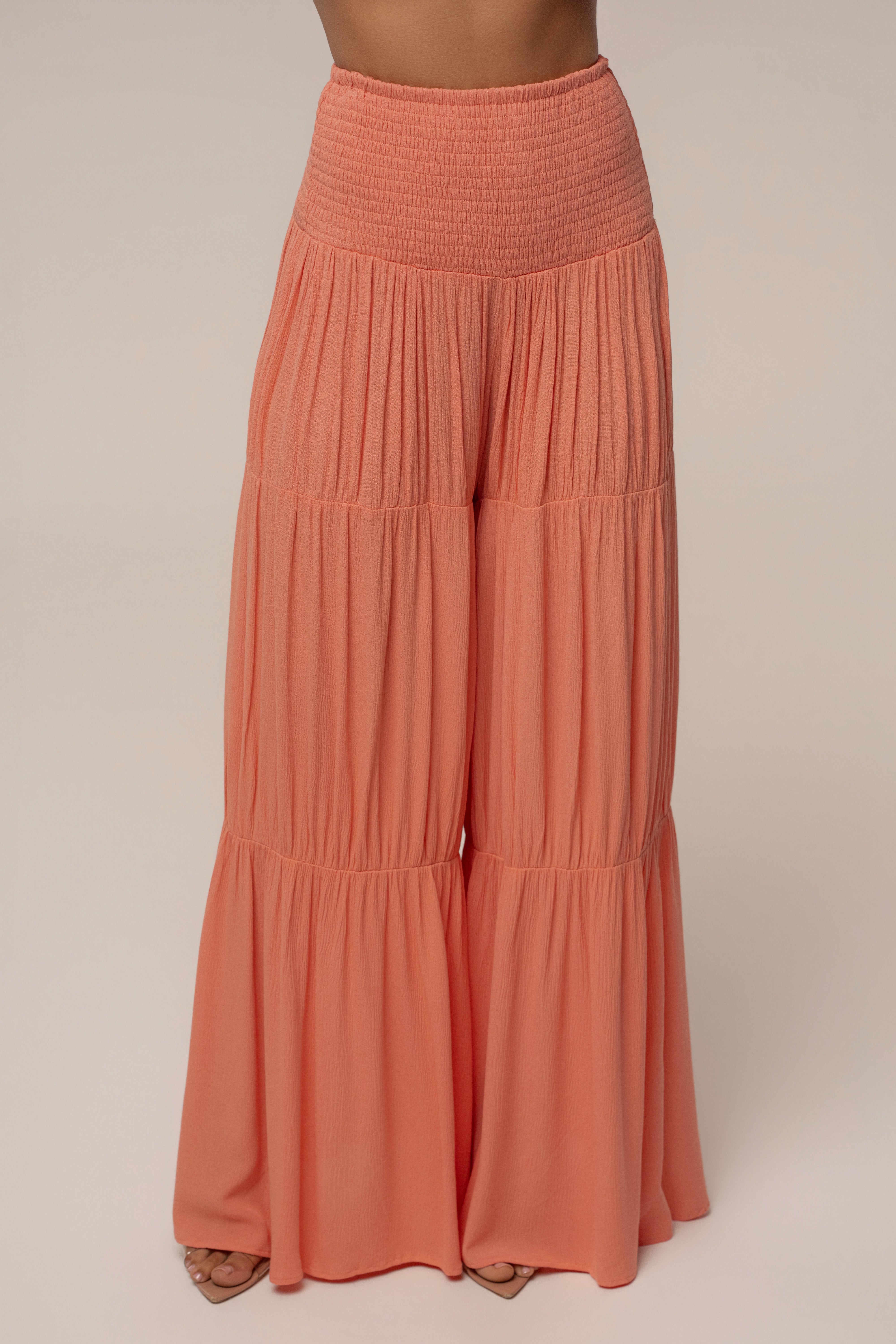 JLUXLABEL Peach Hidden Gems tier pant set featuring layered fabric and stylish design, perfect for casual or chic outfits.
