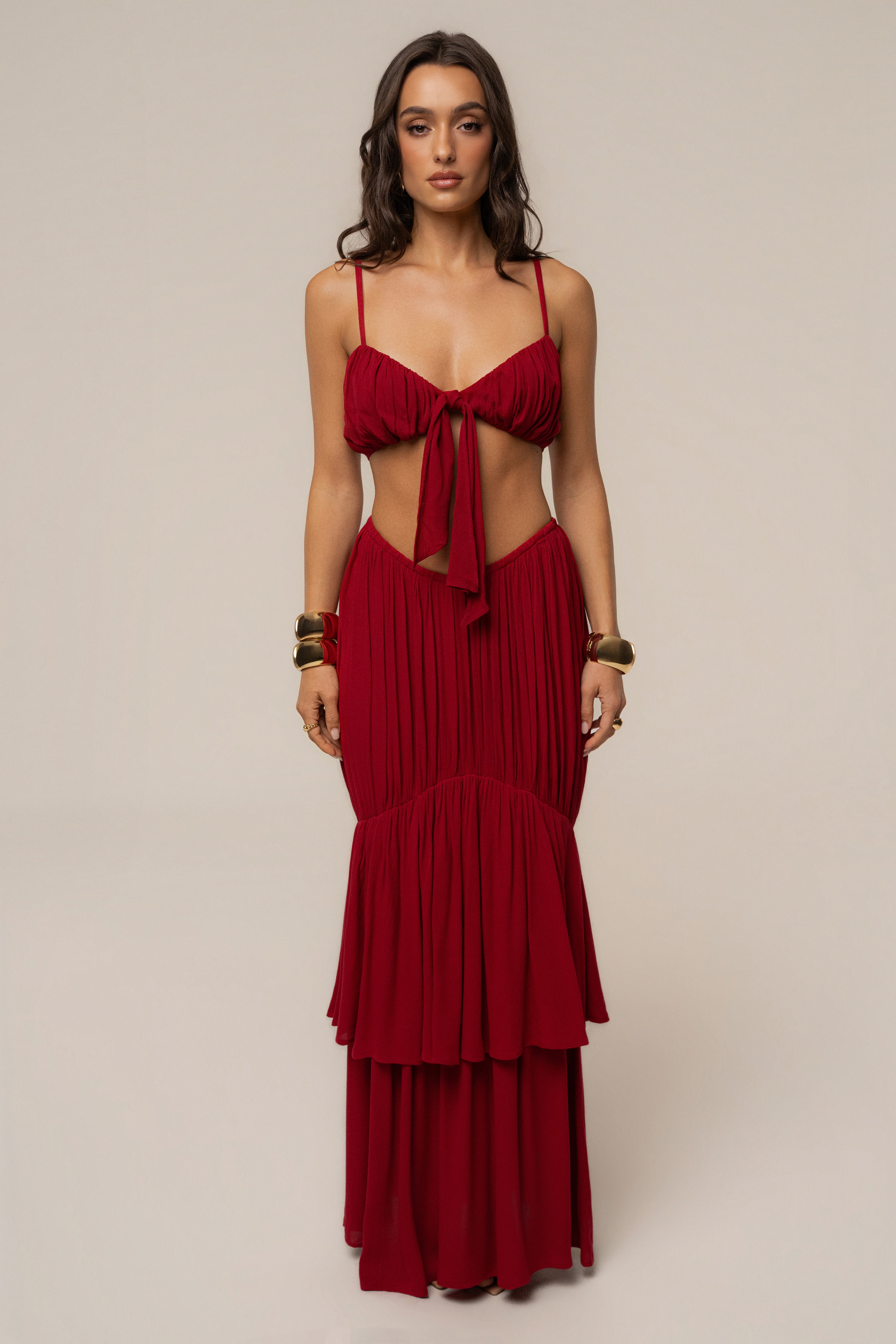 Red Sail Into Sunset skirt set by JLUXLABEL featuring a flowing skirt and matching top, perfect for stylish summer wear.