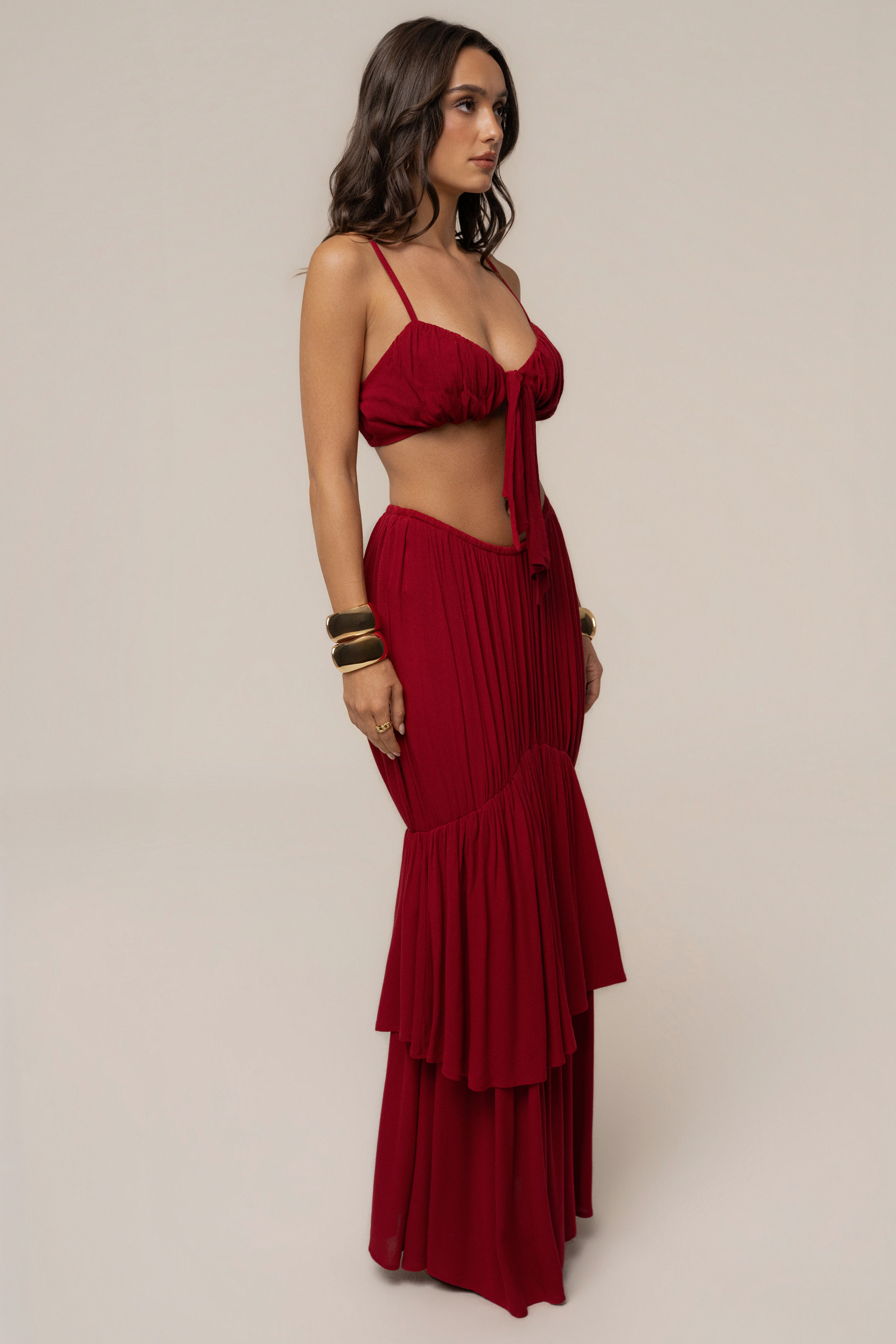 Red Sail Into Sunset skirt set by JLUXLABEL featuring a flowing skirt and matching top, perfect for stylish summer looks.