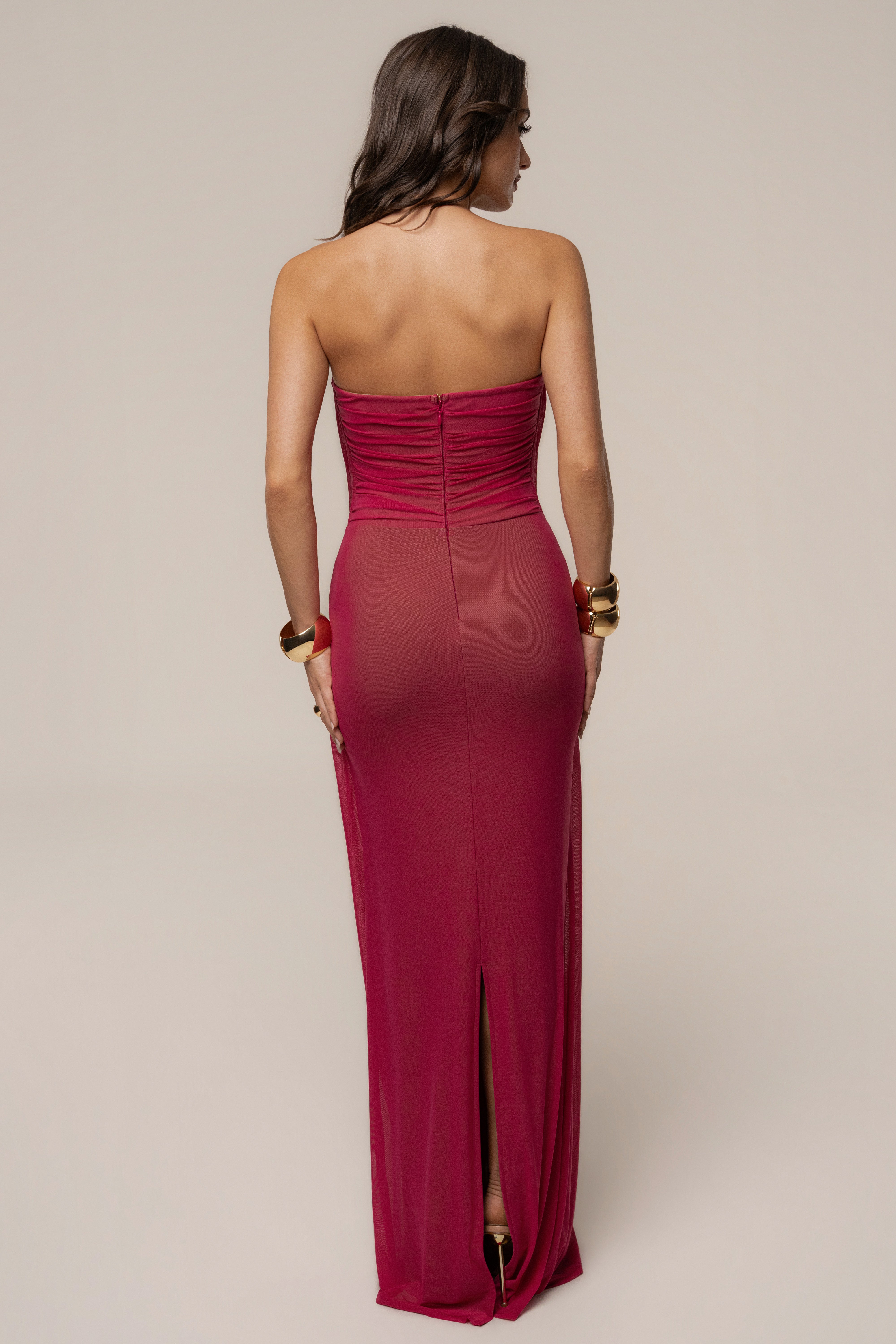 Fuchsia Siren Sculpted Mesh Dress by JLUXLABEL featuring a fitted design and intricate mesh fabric.
