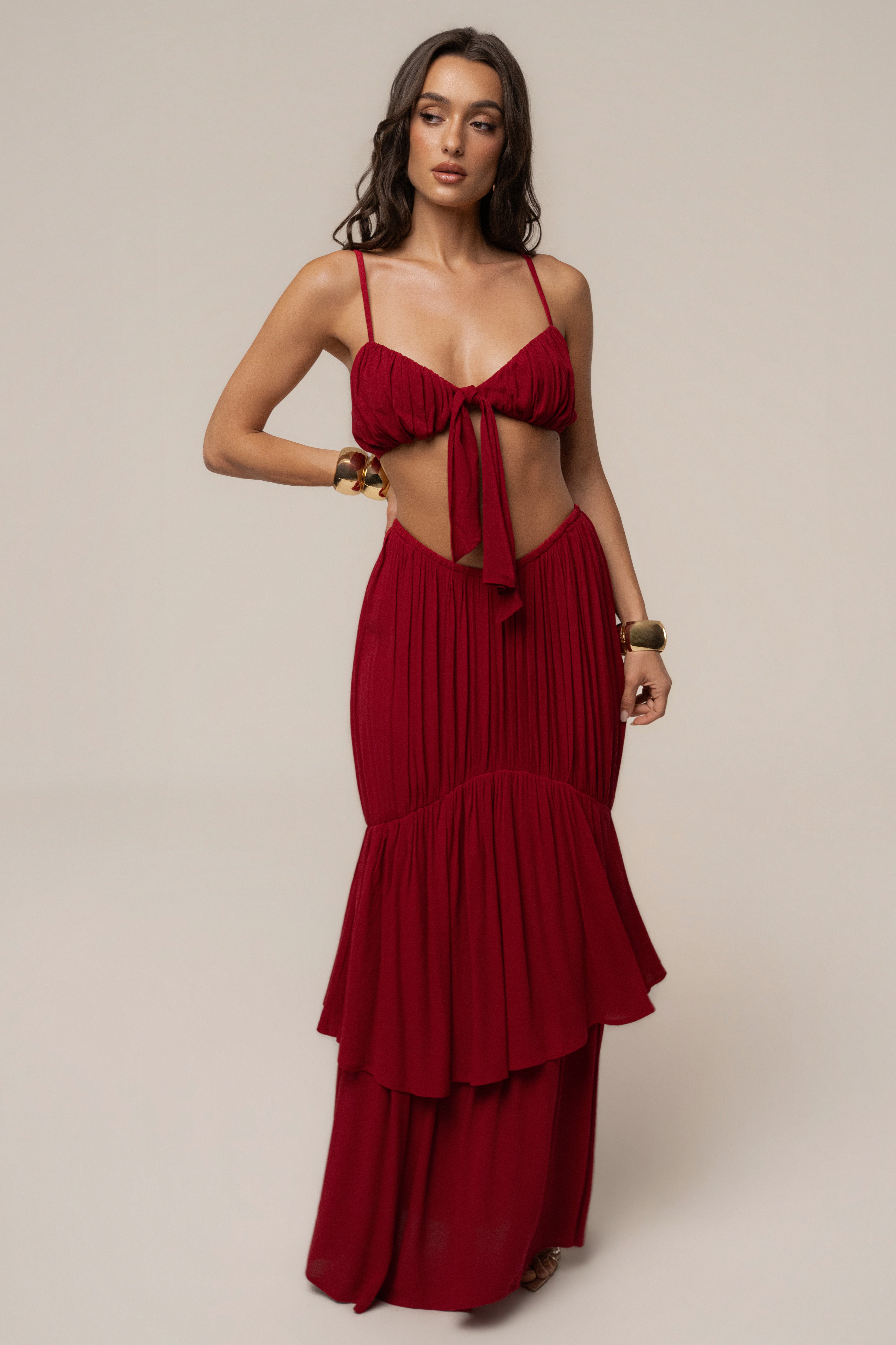 Red Sail Into Sunset skirt set by JLUXLABEL featuring a stylish top and matching skirt in vibrant red fabric.