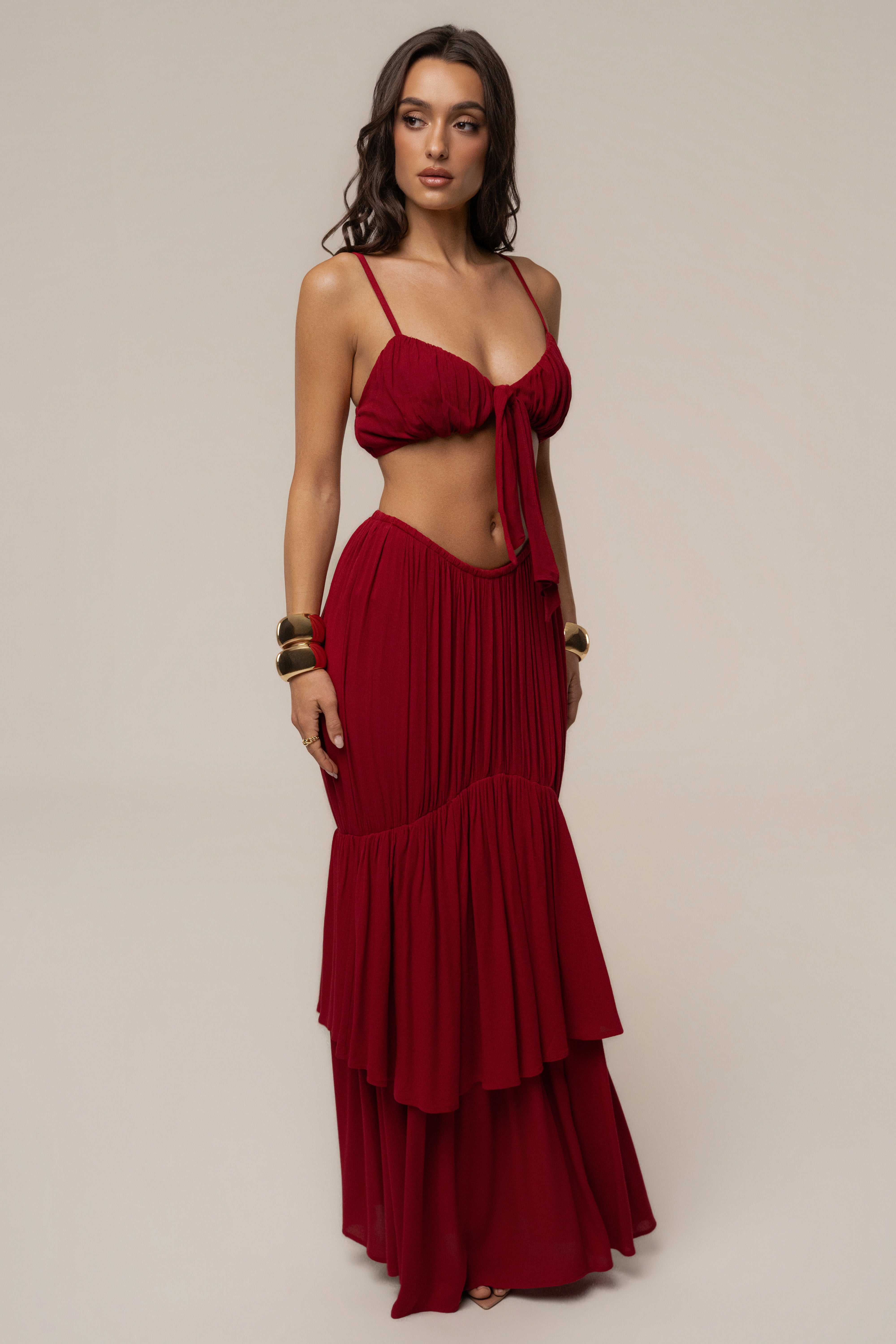 Red Sail Into Sunset skirt set by JLUXLABEL featuring a stylish top and matching skirt, perfect for summer wear.