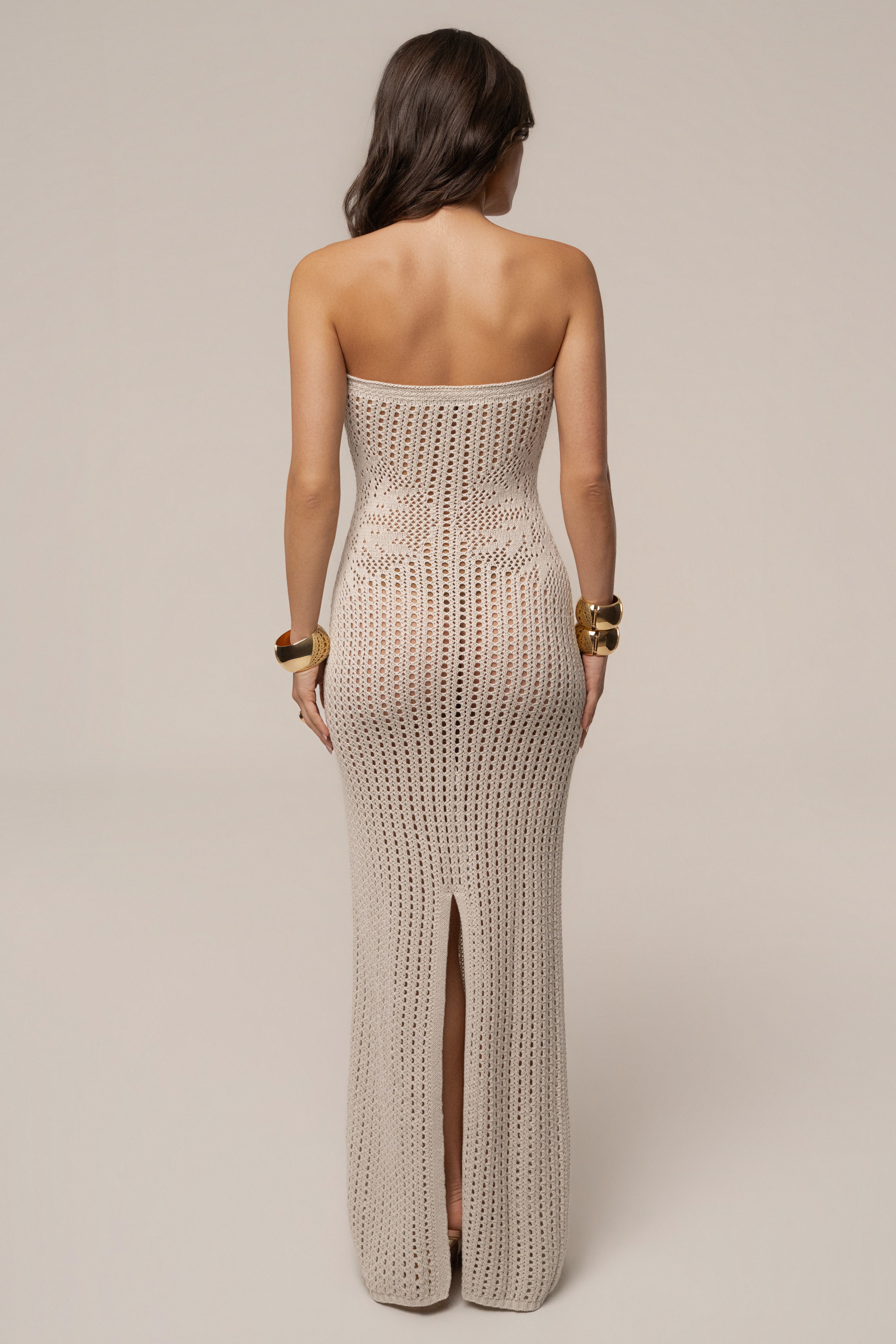 Cream Camila crochet maxi dress by JLUXLABEL, featuring intricate crochet details and flowing fabric perfect for summer wear.