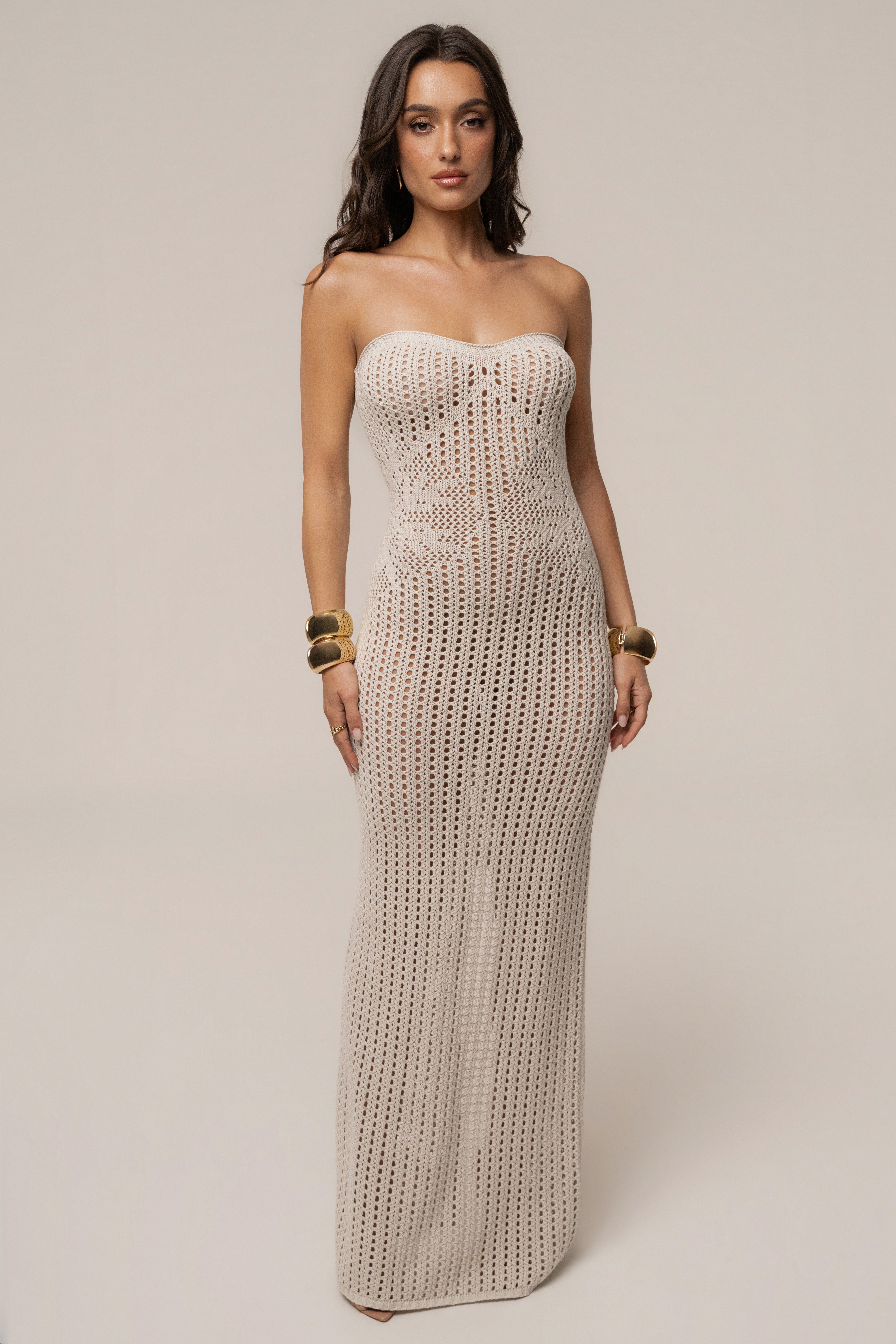 Cream Camila Crochet Maxi Dress by JLUXLABEL, featuring intricate crochet details and flowing silhouette, perfect for summer wear.