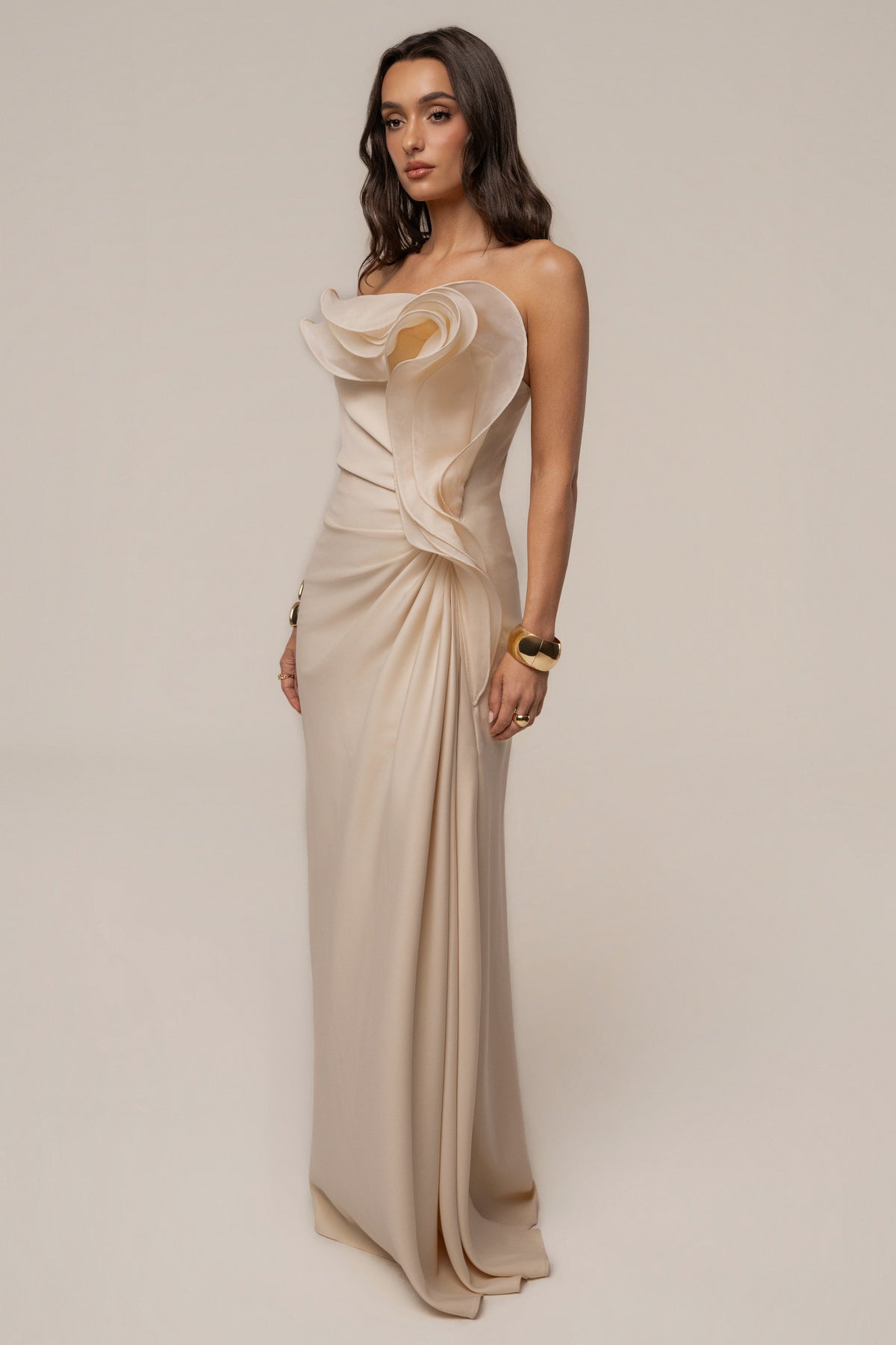 Ivory JLUXLABEL Main Event Maxi Dress with flowing fabric and elegant design, perfect for formal occasions.