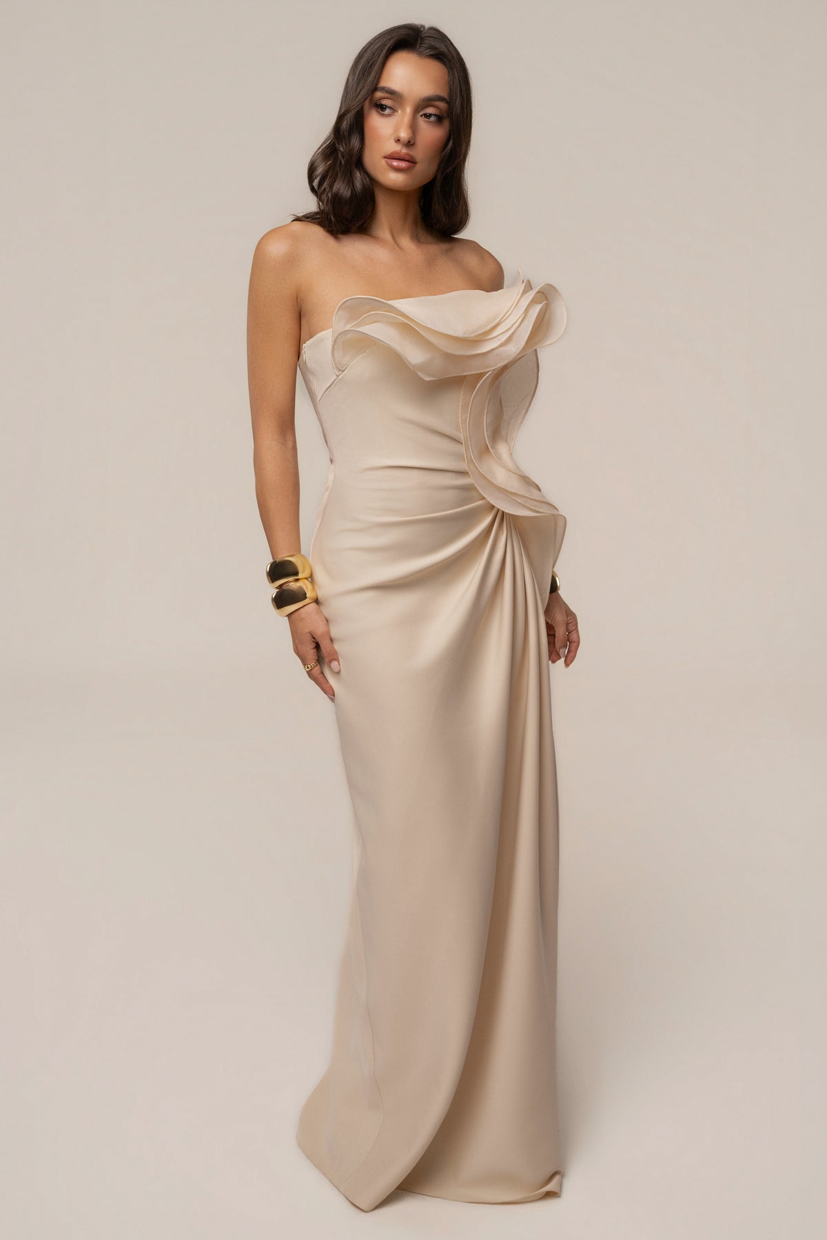 Ivory Main Event Maxi Dress by JLUXLABEL featuring a flowing silhouette and elegant design, perfect for formal occasions.
