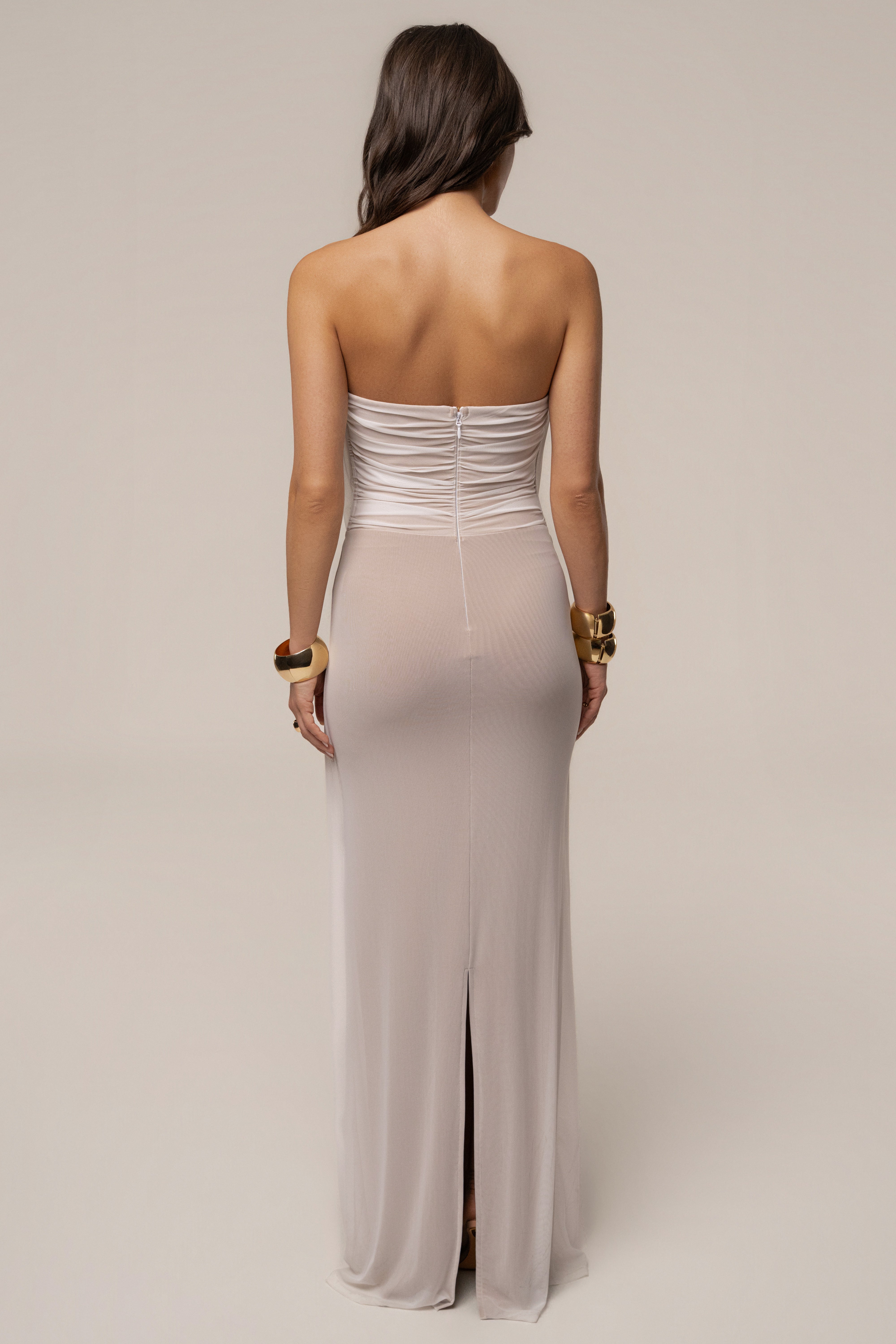 Ivory Siren Sculpted Mesh Dress by JLUXLABEL, featuring a fitted design with intricate mesh details, perfect for elegant occasions.