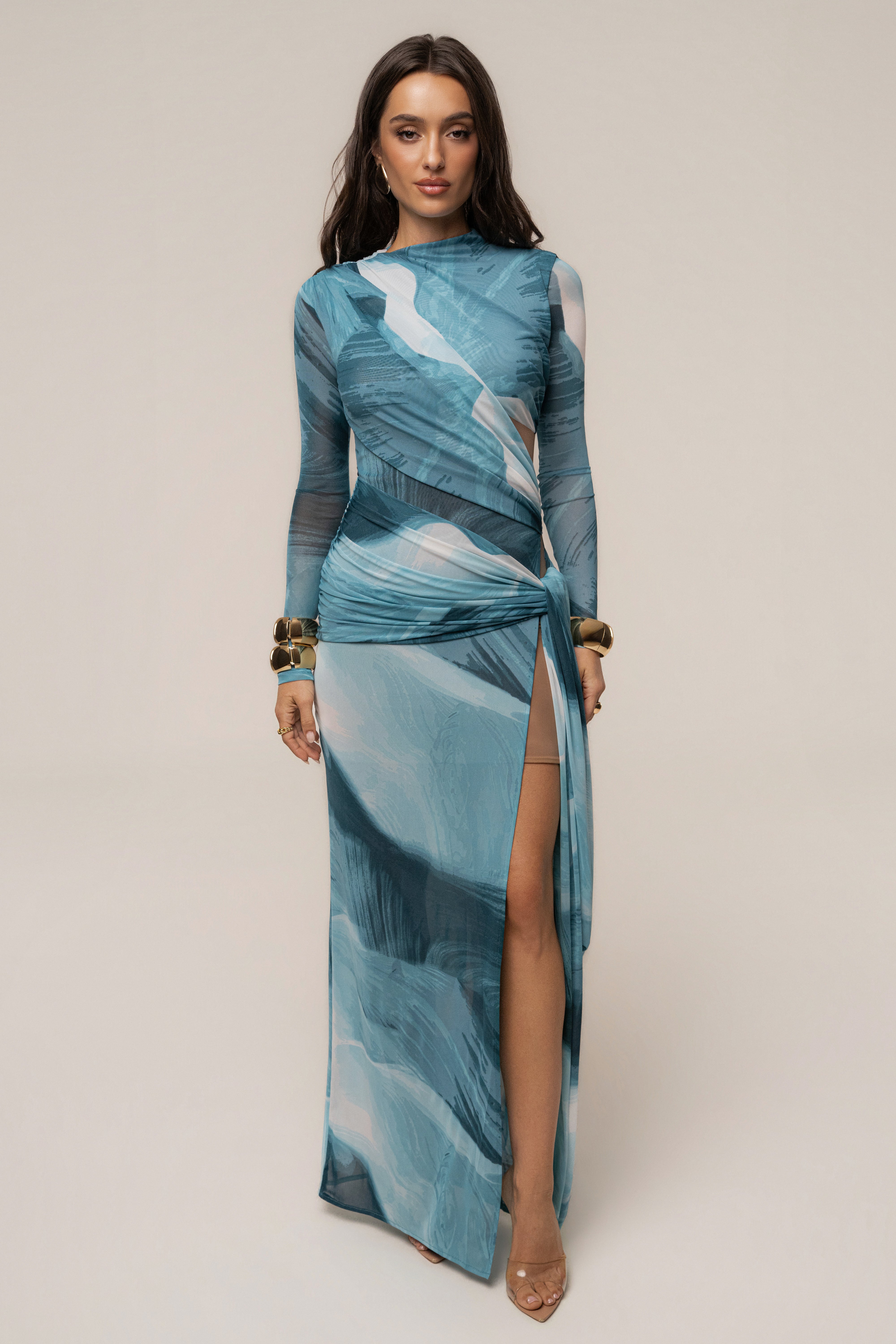 Sunset Blue Heatwave mesh maxi dress by JLUXLABEL with flowing fabric and vibrant sunset-inspired pattern.