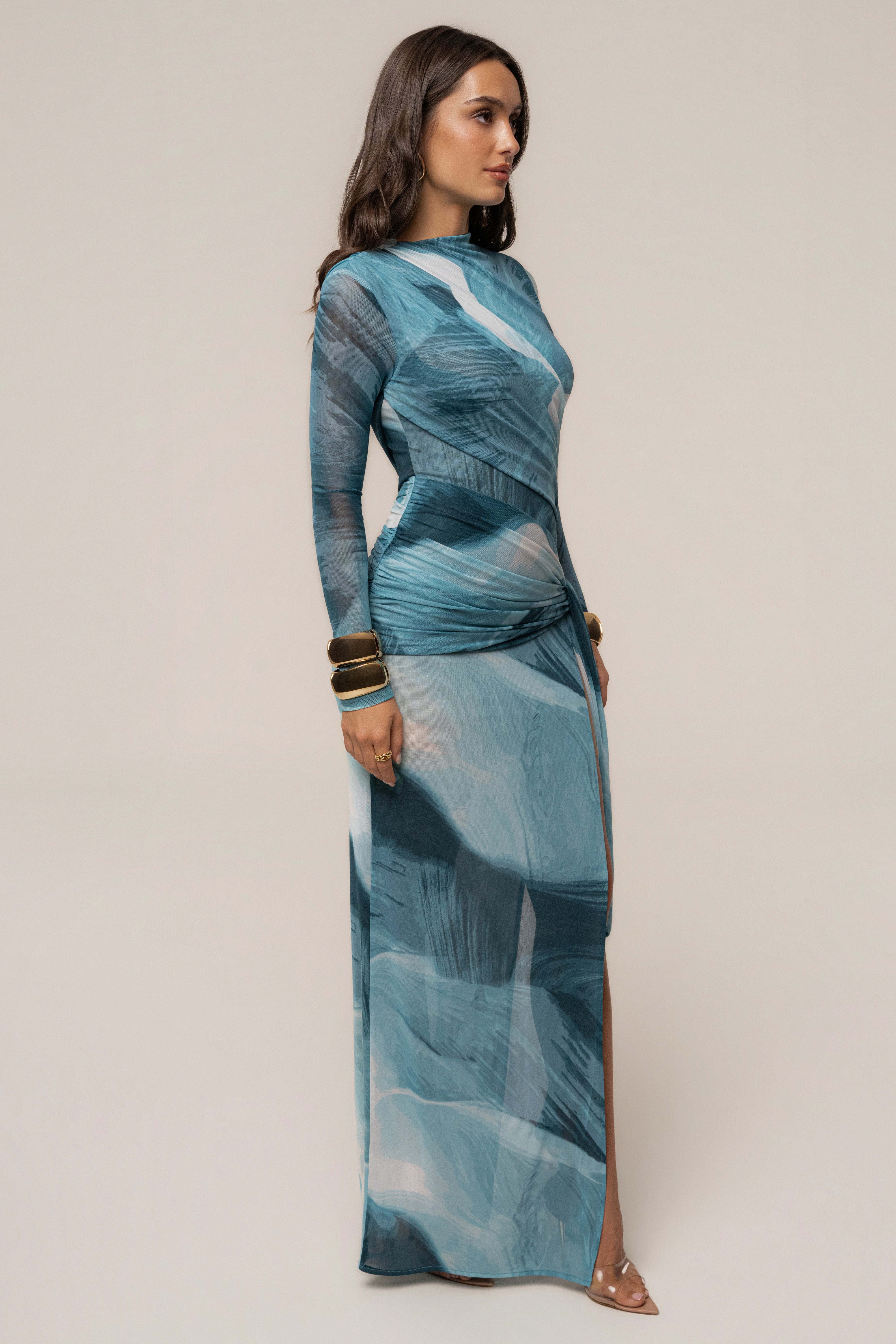 Sunset Blue Heatwave Mesh Maxi Dress by JLUXLABEL featuring a flowy, lightweight fabric and vibrant sunset-inspired blue design.