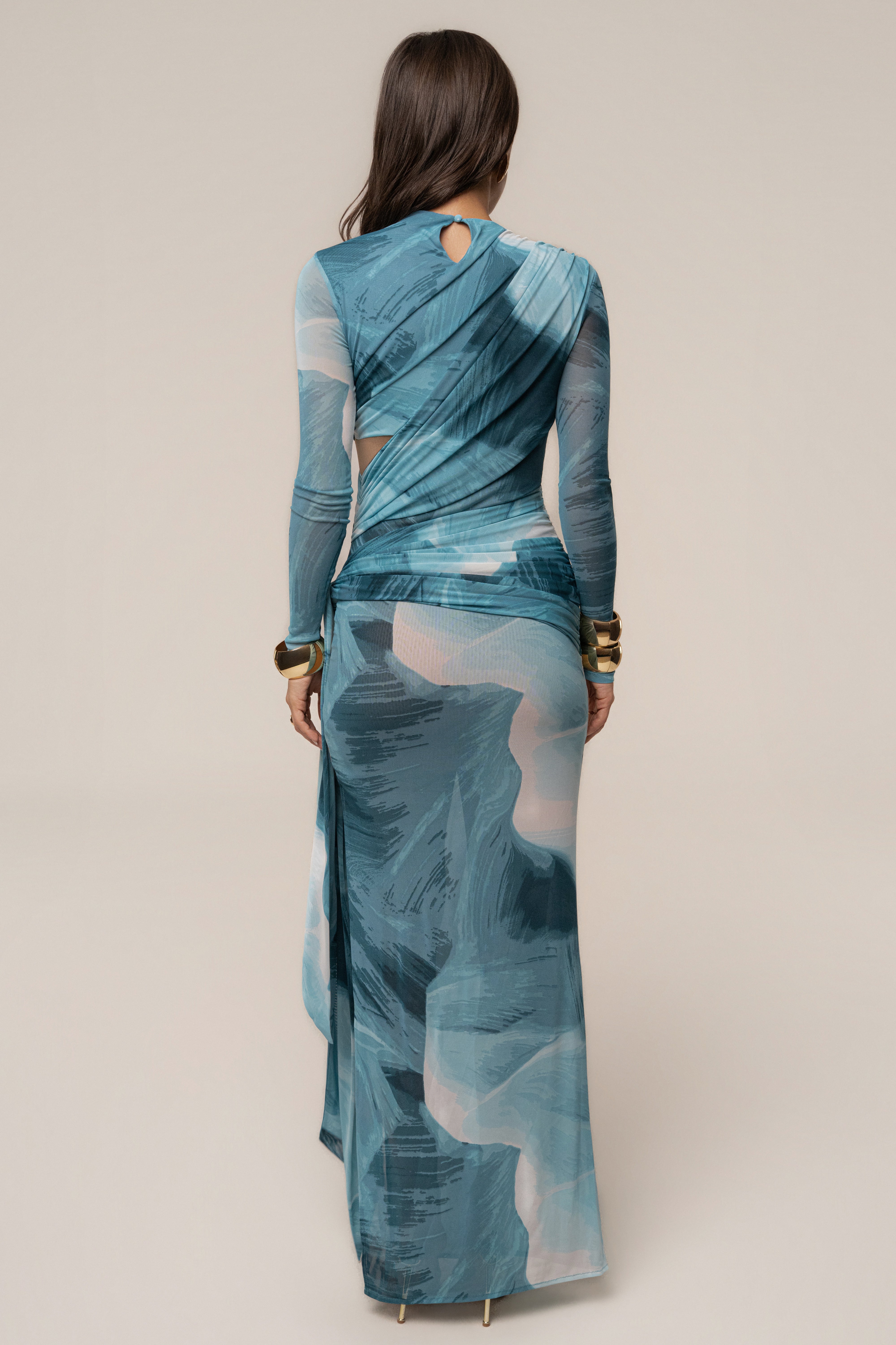 Sunset Blue Heatwave Mesh Maxi Dress by JLUXLABEL featuring a flowing design and vibrant mesh fabric for elegant summer wear.