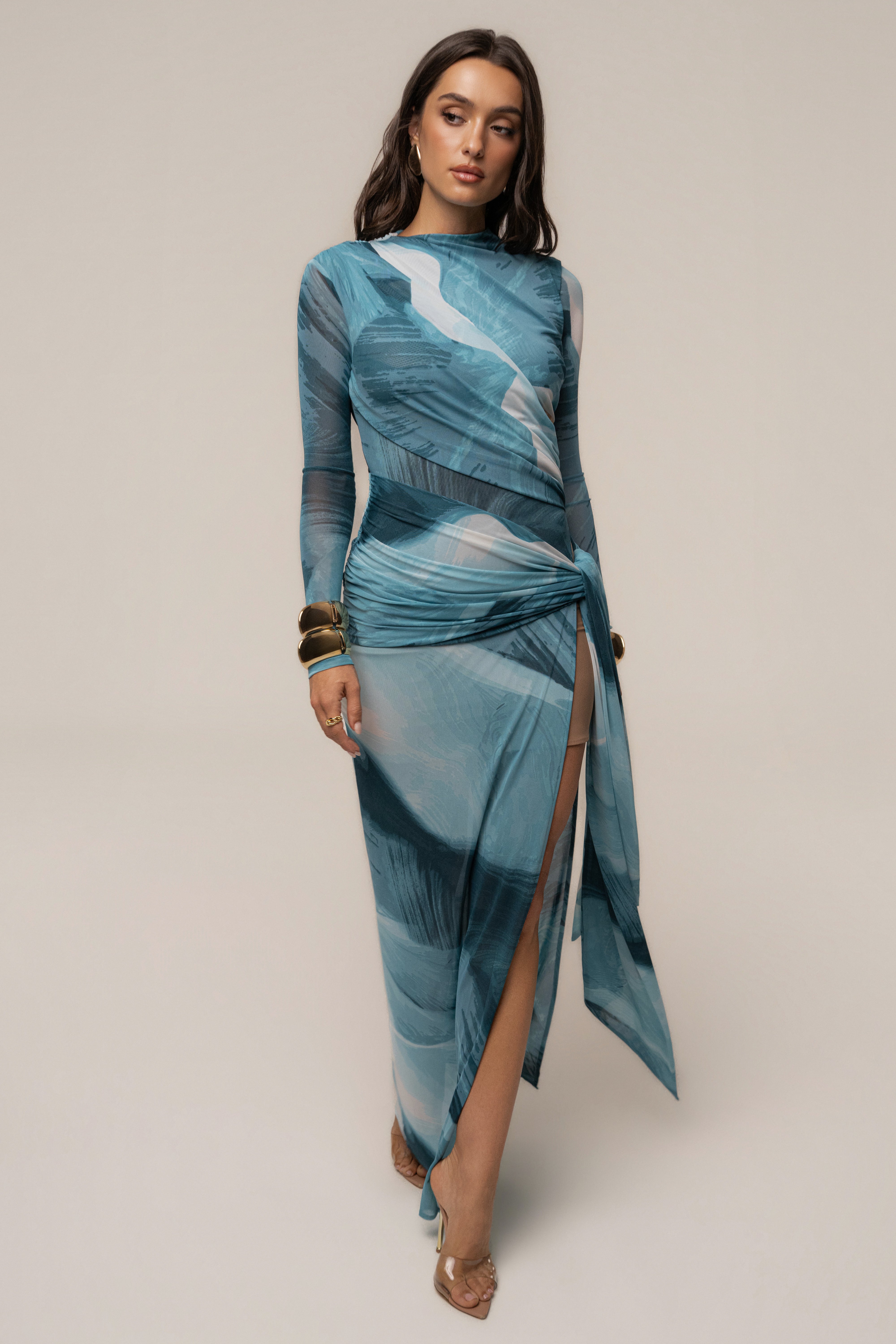 Sunset Blue Heatwave Mesh Maxi Dress by JLUXLABEL featuring a flowing design and vibrant color, perfect for summer occasions.