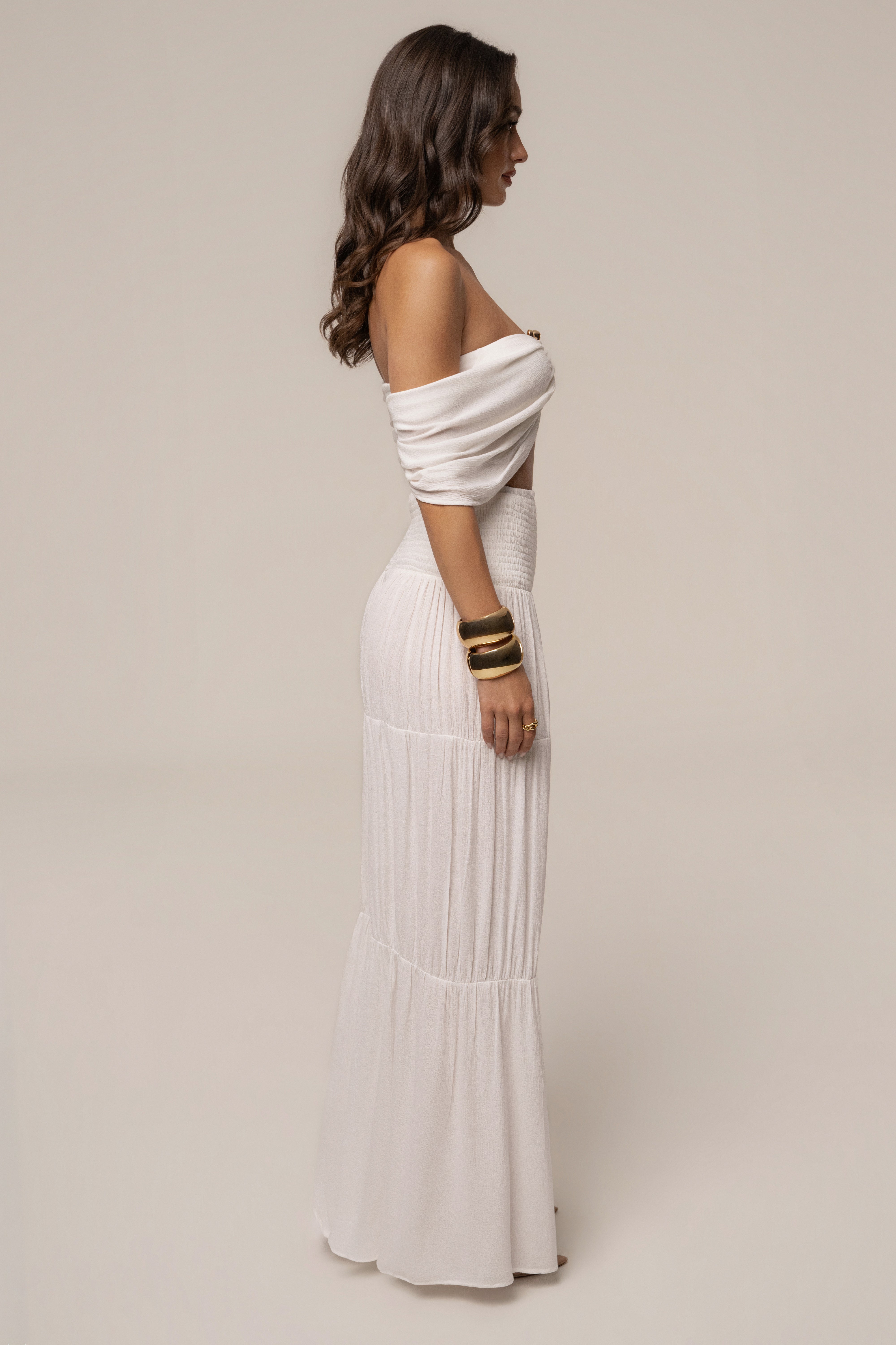 Ivory JLUXLABEL Hidden Gems tier pant set with layered, flowy fabric and elastic waistband, perfect for stylish casual wear.