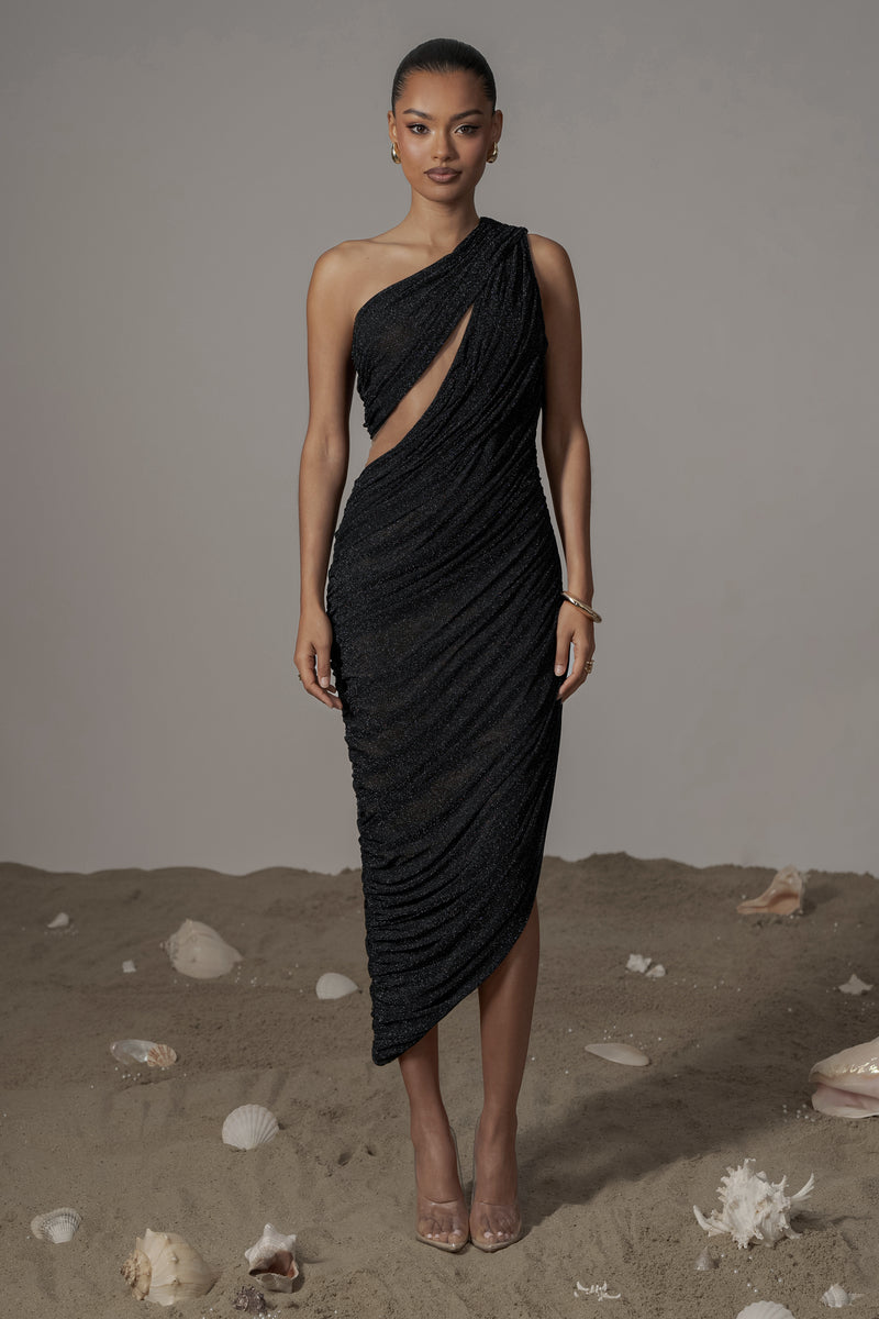 Black Aura Shimmer Midi Dress
