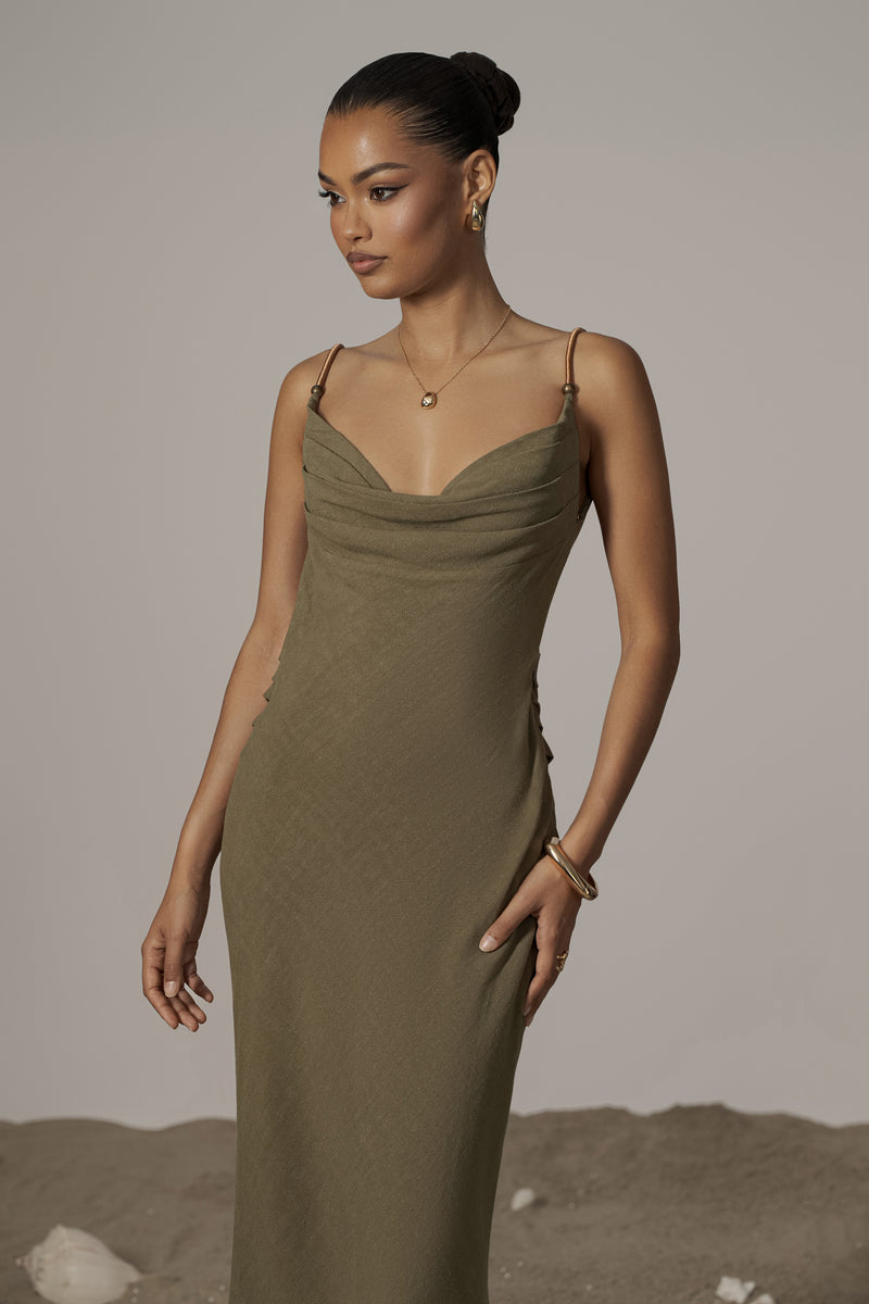 Olive Getaway Linen Maxi Dress