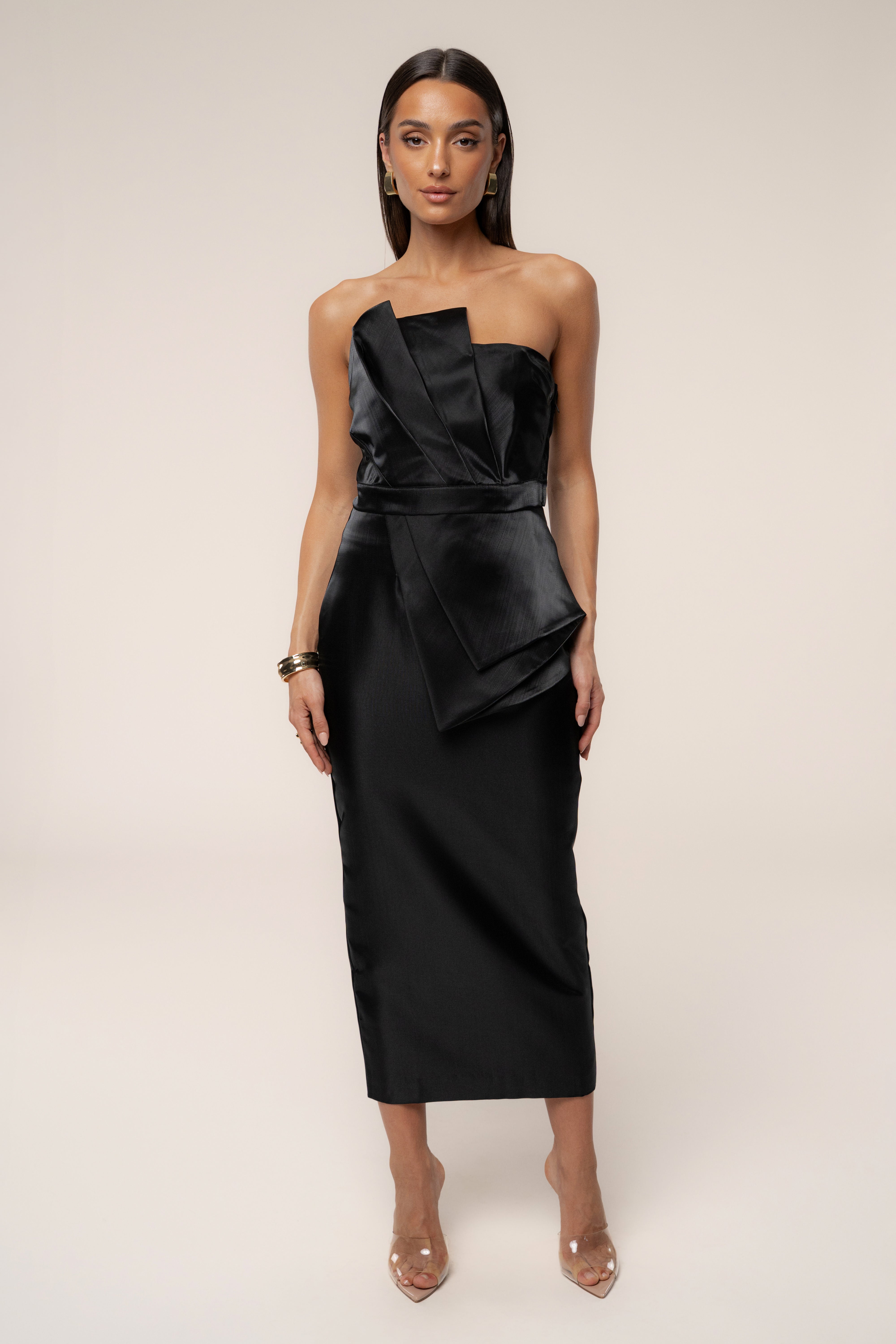 Black Reception Pleated Midi Skirt - JLUXLABEL