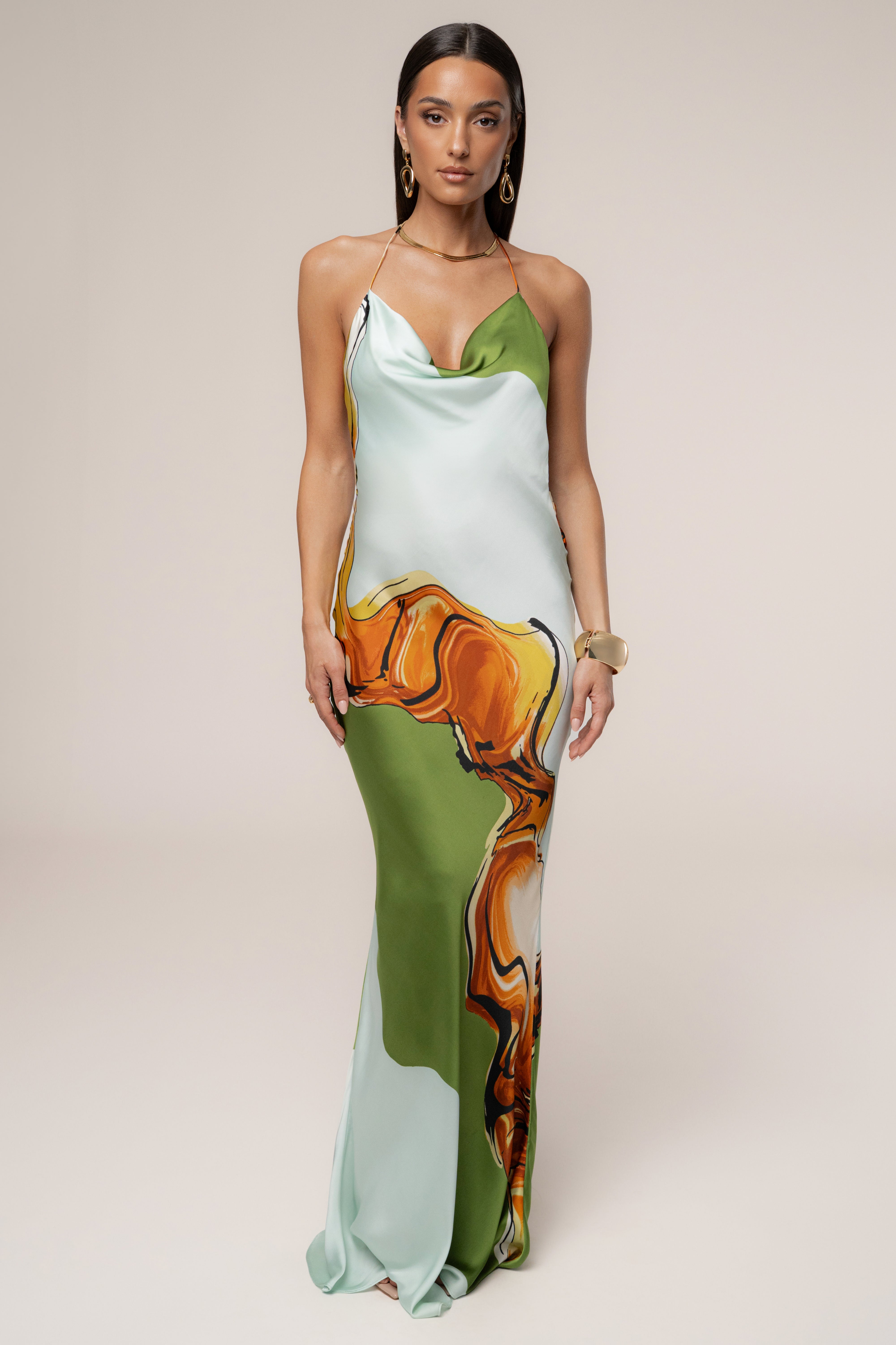 Green Tropical Print Golden Touch Satin Dress Green Tropical Print Golden Touch Satin Dress