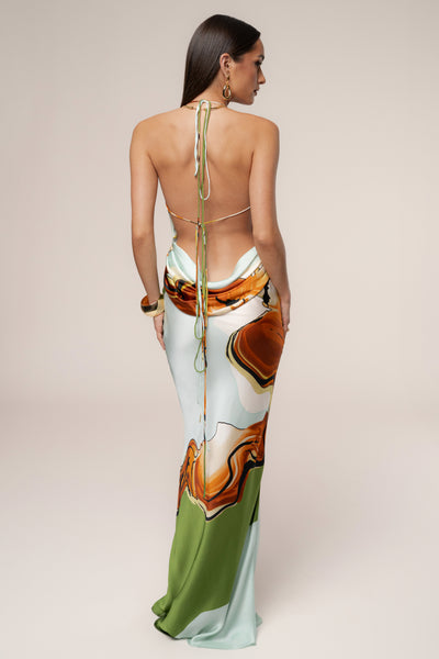 Green Tropical Print Golden Touch Satin Dress Green Tropical Print Golden Touch Satin Dress