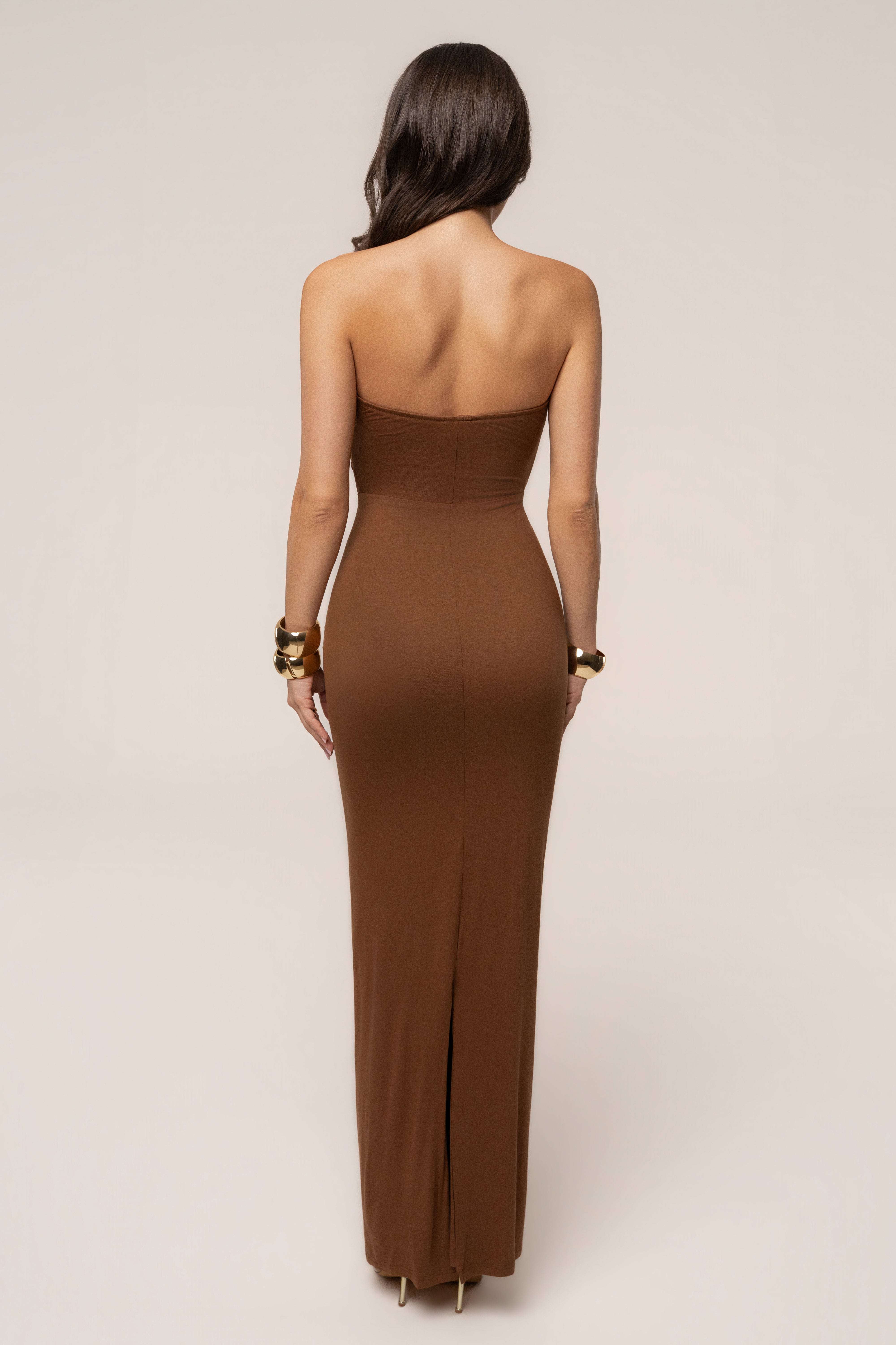 Chocolate strapless drape maxi dress by JLUXLABEL featuring a flowing silhouette and elegant design.