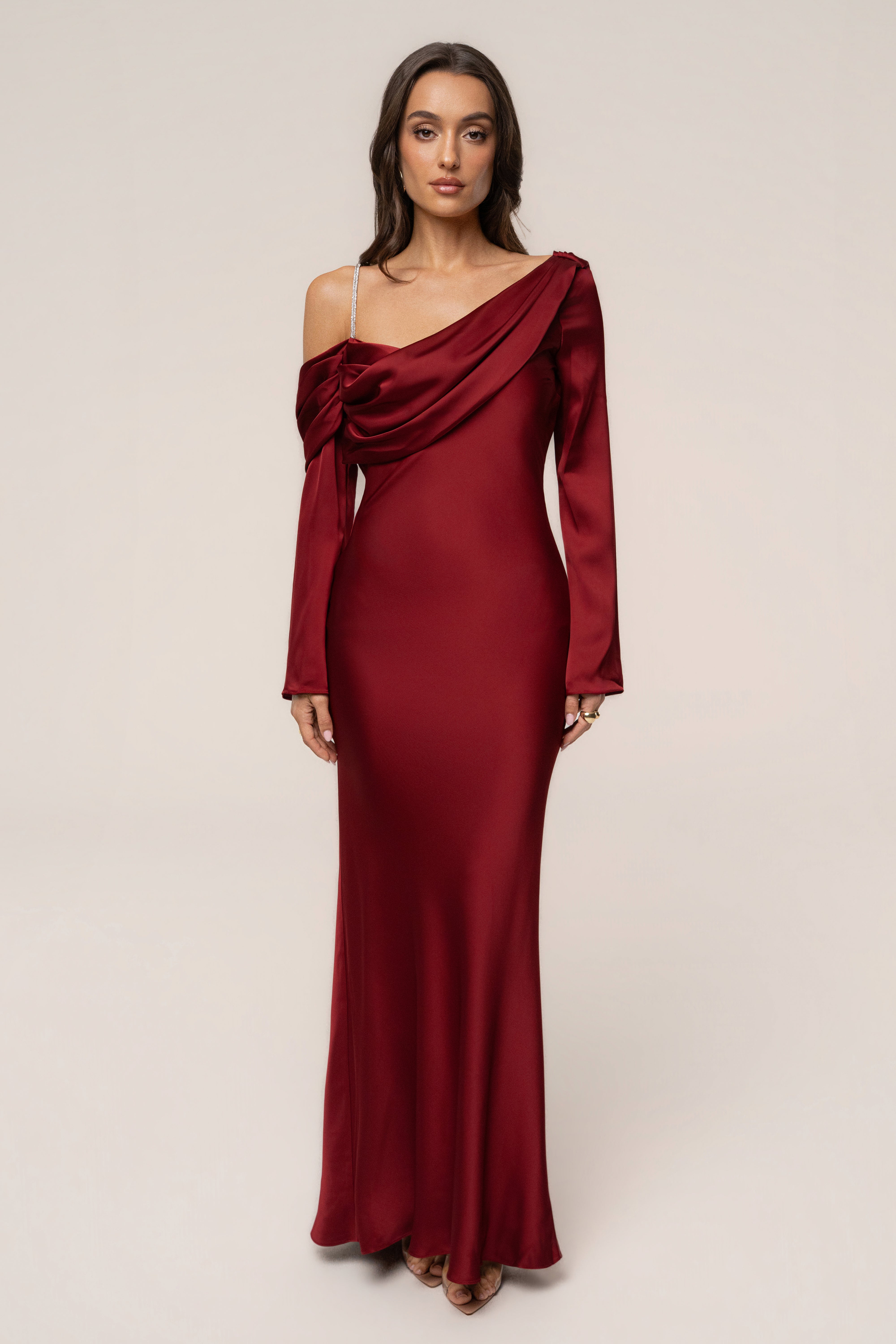 Red satin dress from JLUXLABEL's One And Only collection, featuring a sleek, elegant design perfect for formal occasions.