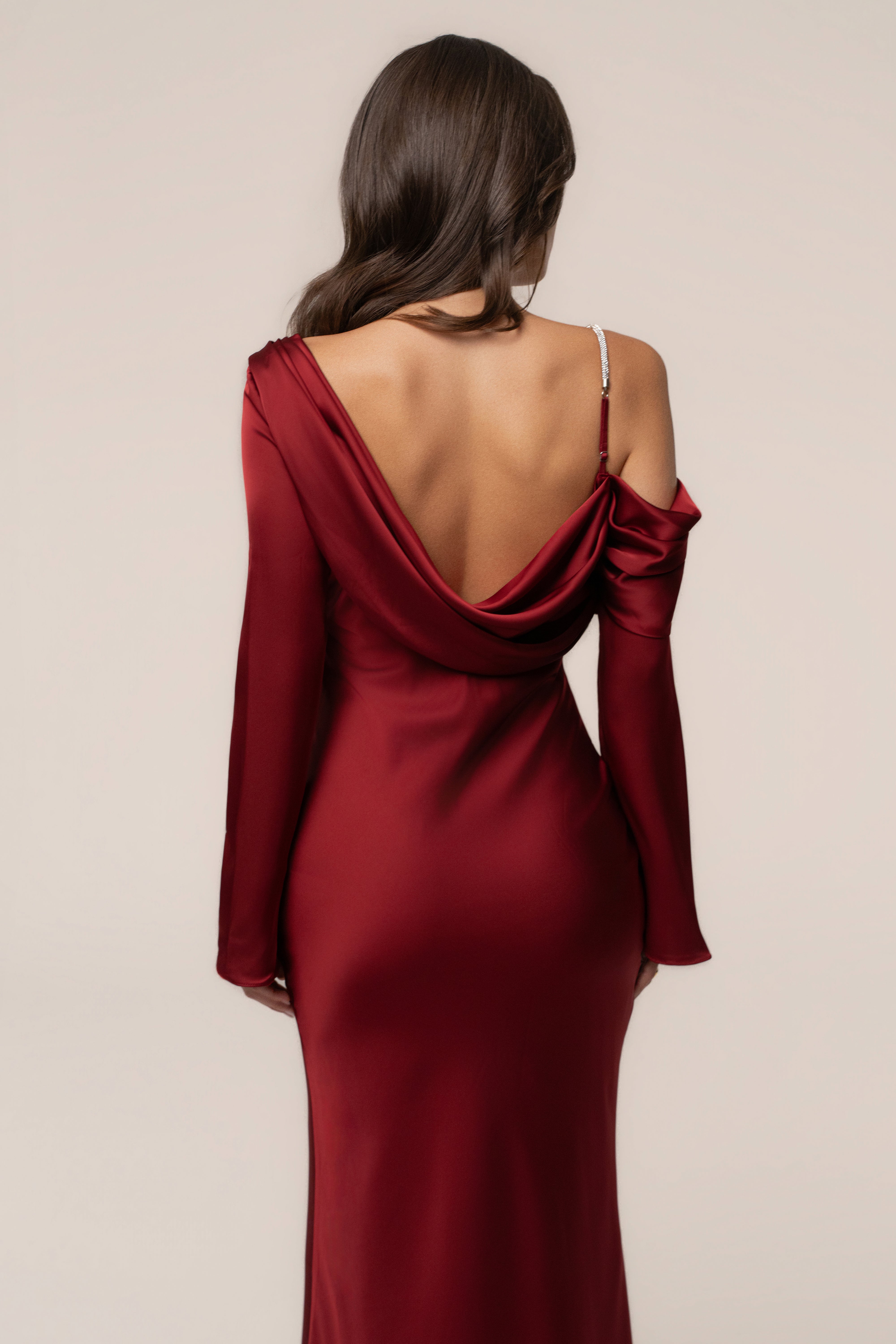 Red satin dress by JLUXLABEL featuring a sleek, elegant design, perfect for formal occasions and evening wear.