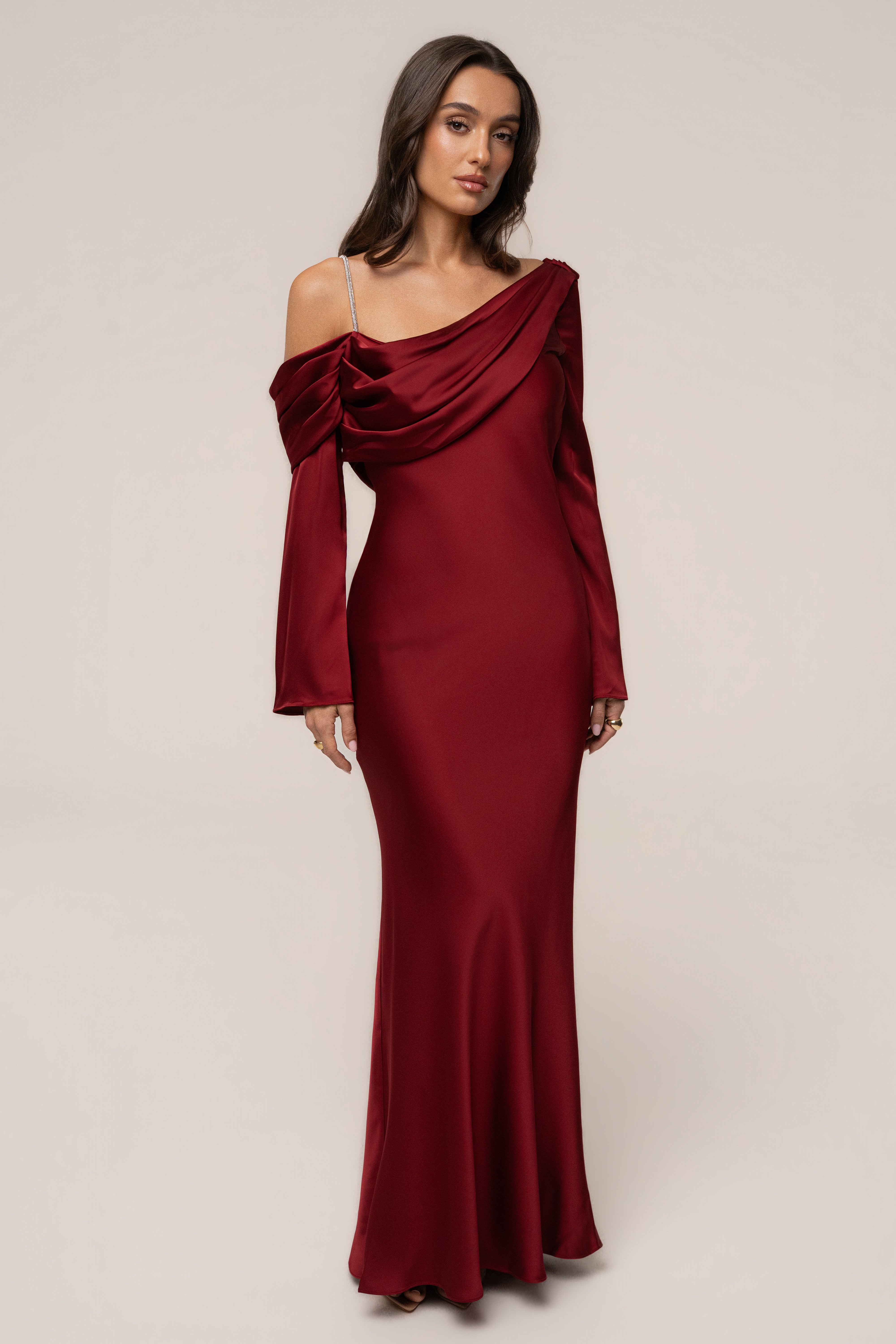 Red satin dress by JLUXLABEL, featuring a stylish and elegant design with flowing fabric and a flattering silhouette.