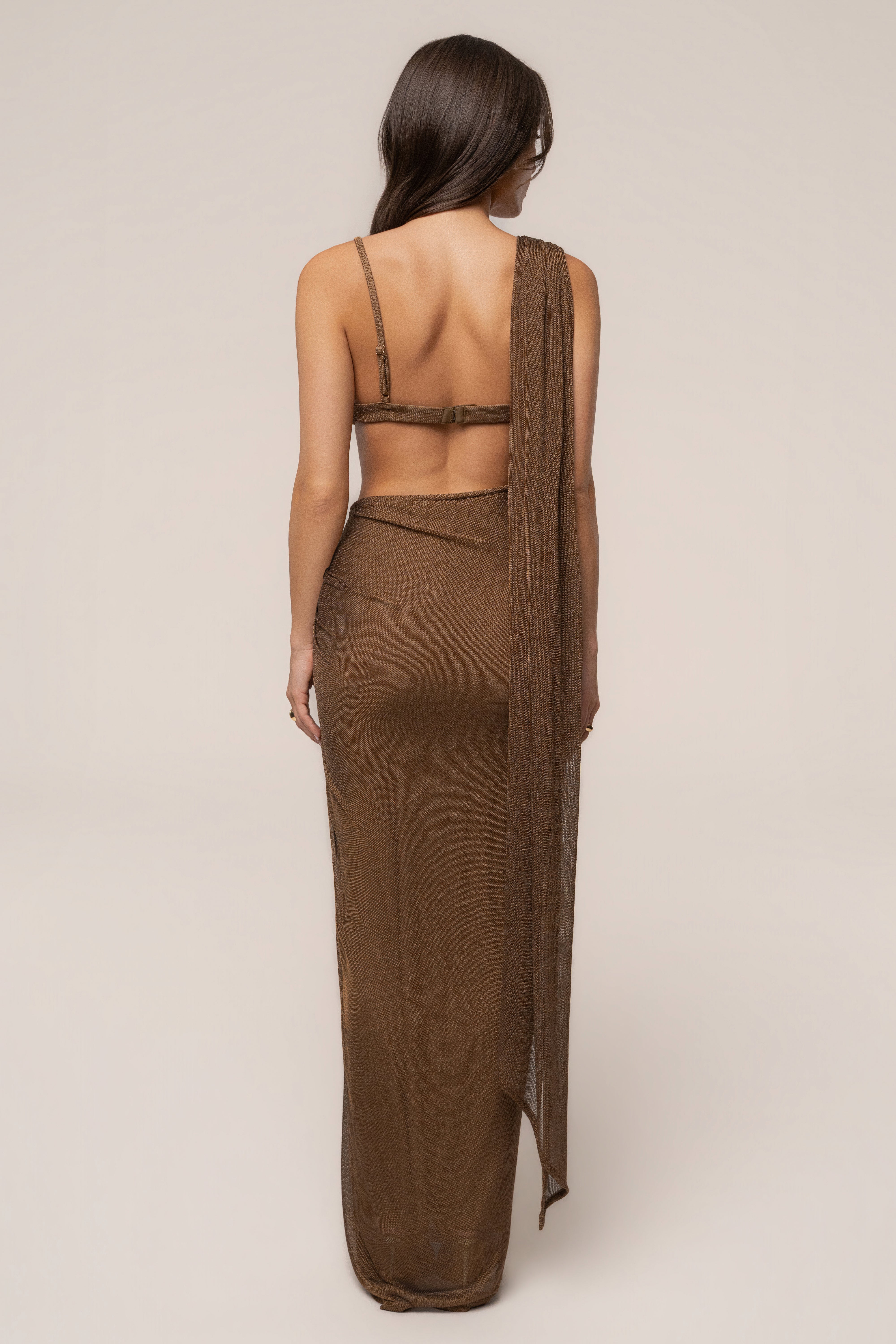Bronze Nocturne Draped Top by JLUXLABEL, showcasing a stylish draped design and elegant fit, perfect for fashionable tops.