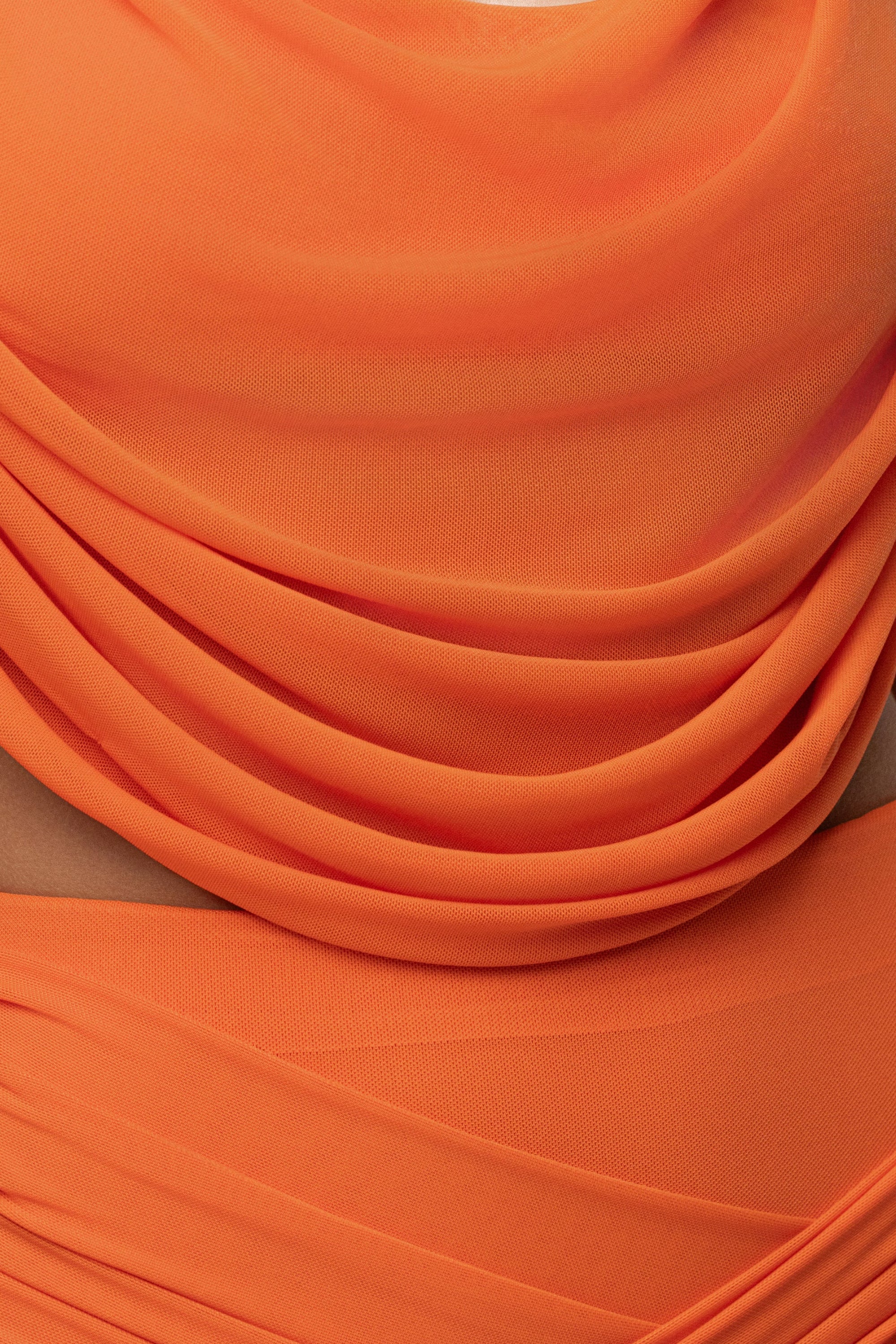 Orange Divine Drape Mesh Skirt Set by JLUXLABEL, featuring a stylish mesh skirt and matching top, perfect for trendy outfits.