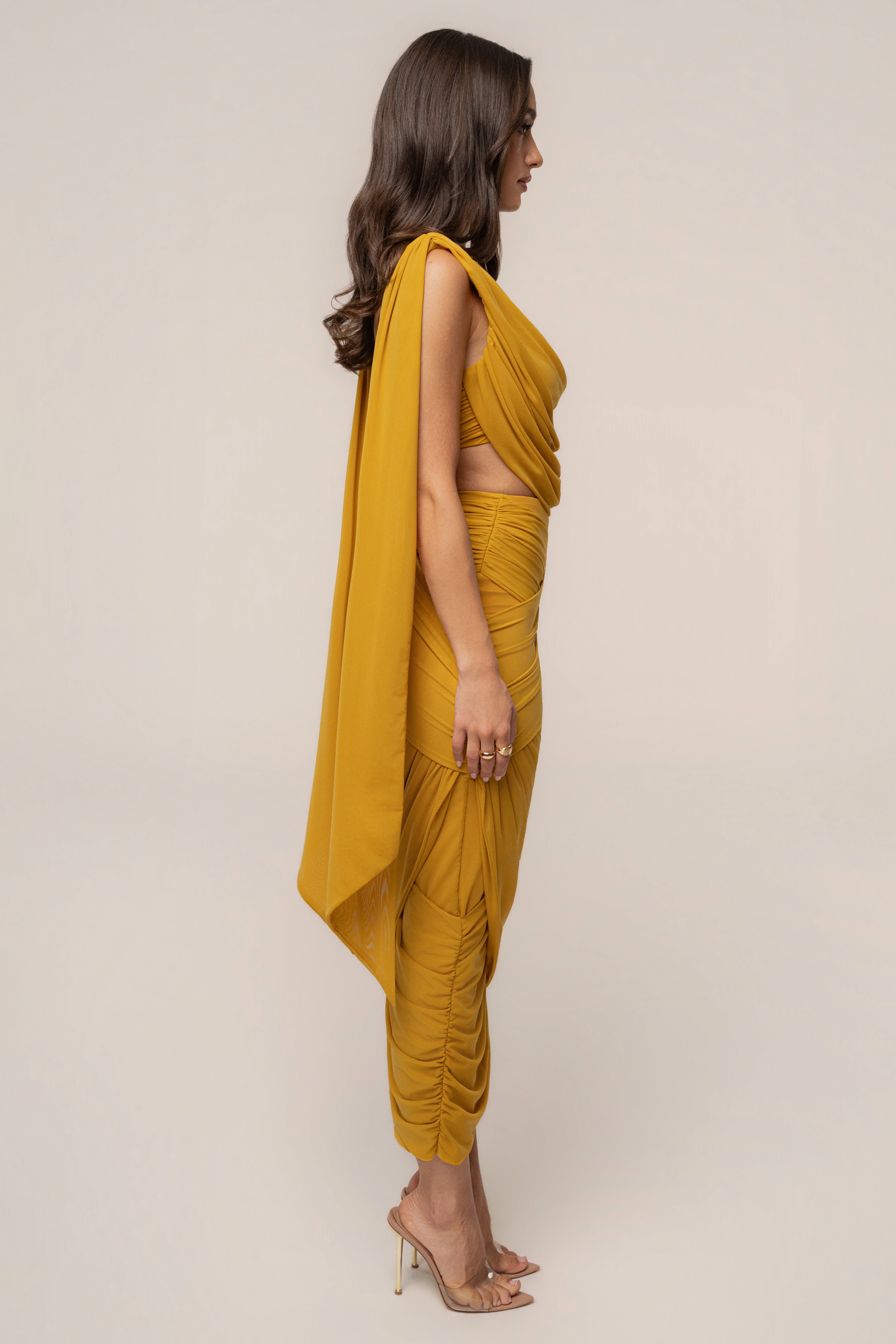 Yellow Divine Drape Mesh Skirt Set by JLUXLABEL featuring a flowing mesh skirt and matching top, perfect for stylish summer looks.