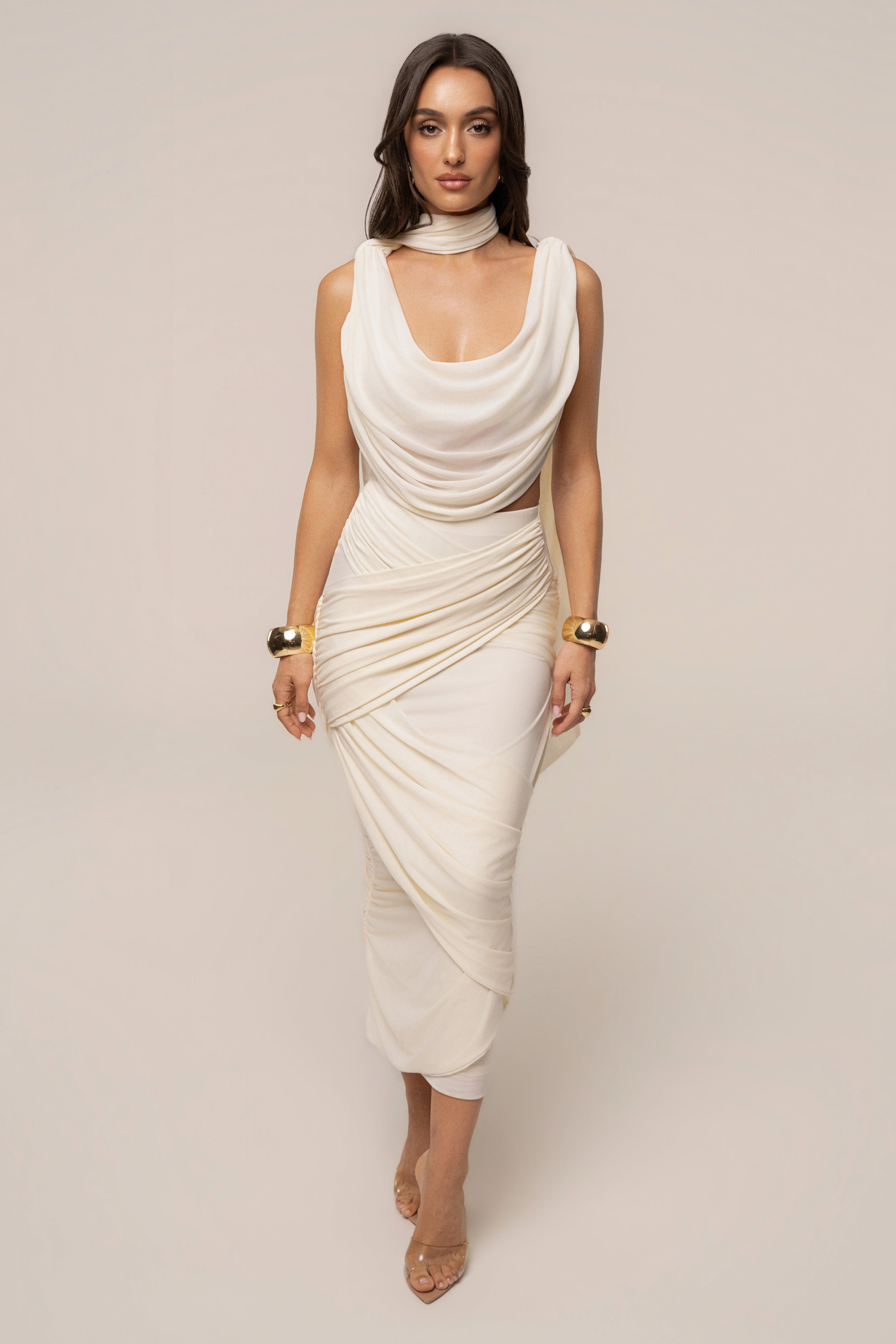 Ivory Divine Drape Mesh Skirt Set by JLUXLABEL, featuring a flowing mesh skirt and matching top for a stylish look.