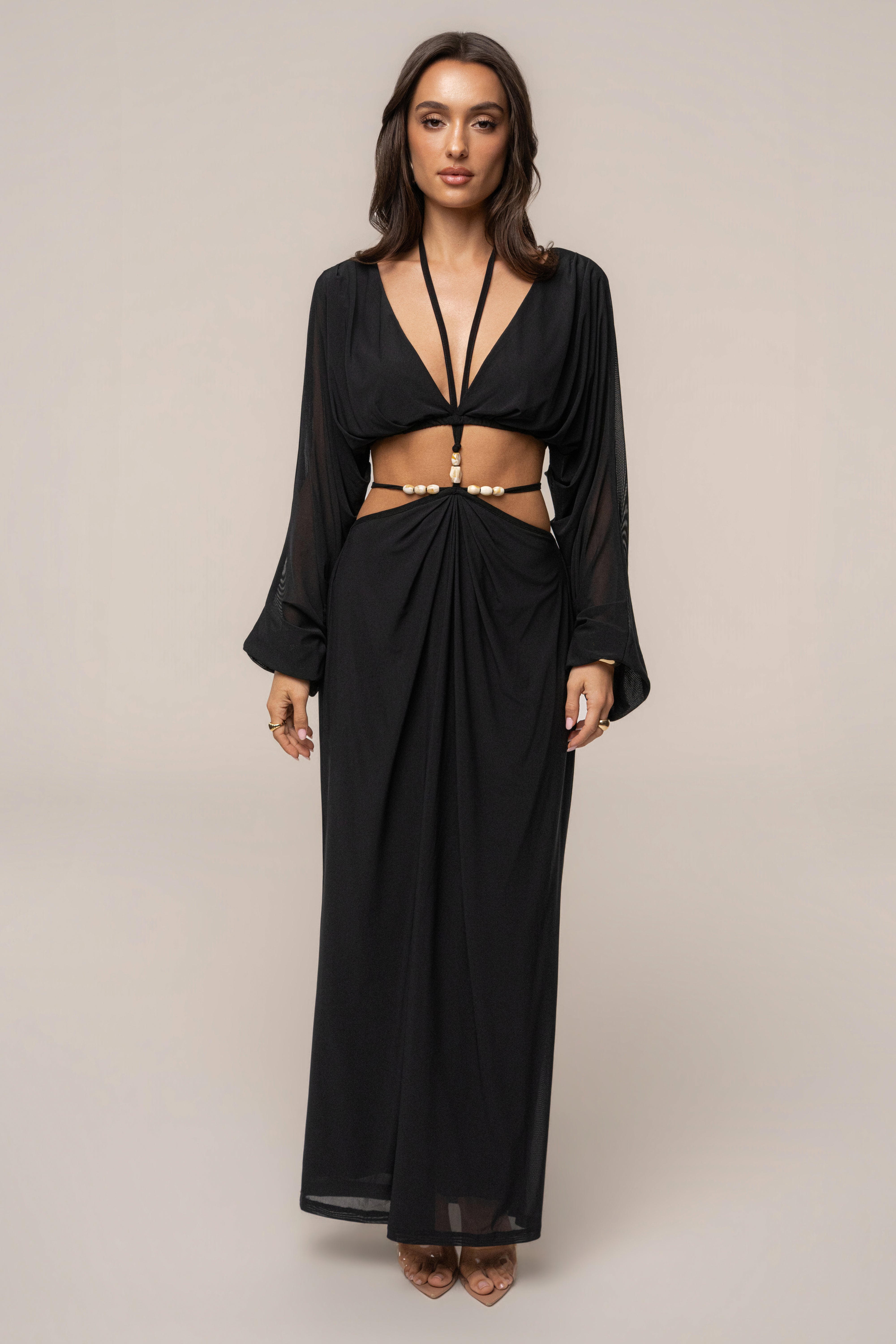 Black Selene Draped Top by JLUXLABEL, featuring a stylish draped design and long sleeves, perfect for elegant casual wear.