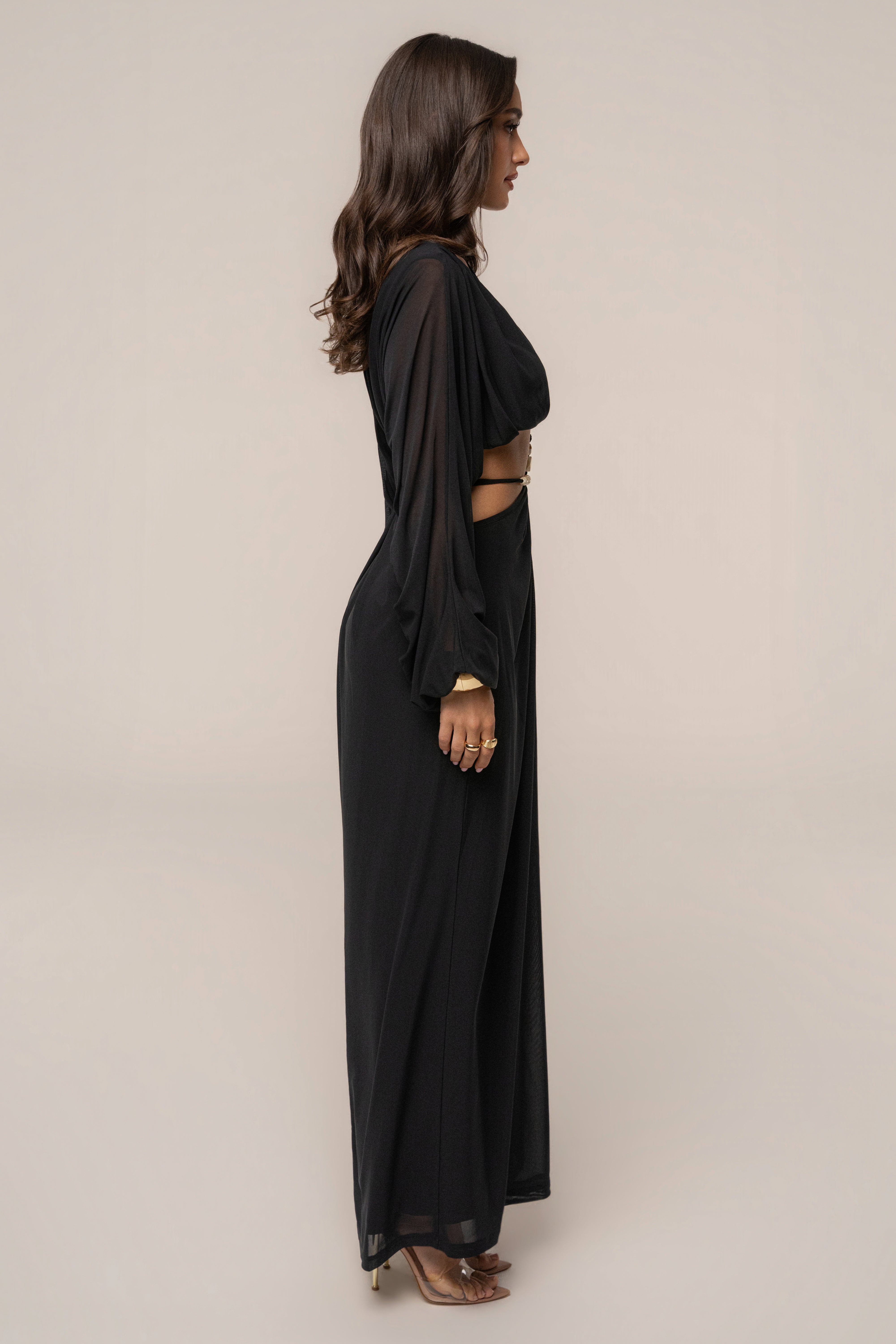 Black Selene Draped Top by JLUXLABEL featuring a stylish draped design, perfect for chic casual or evening wear.