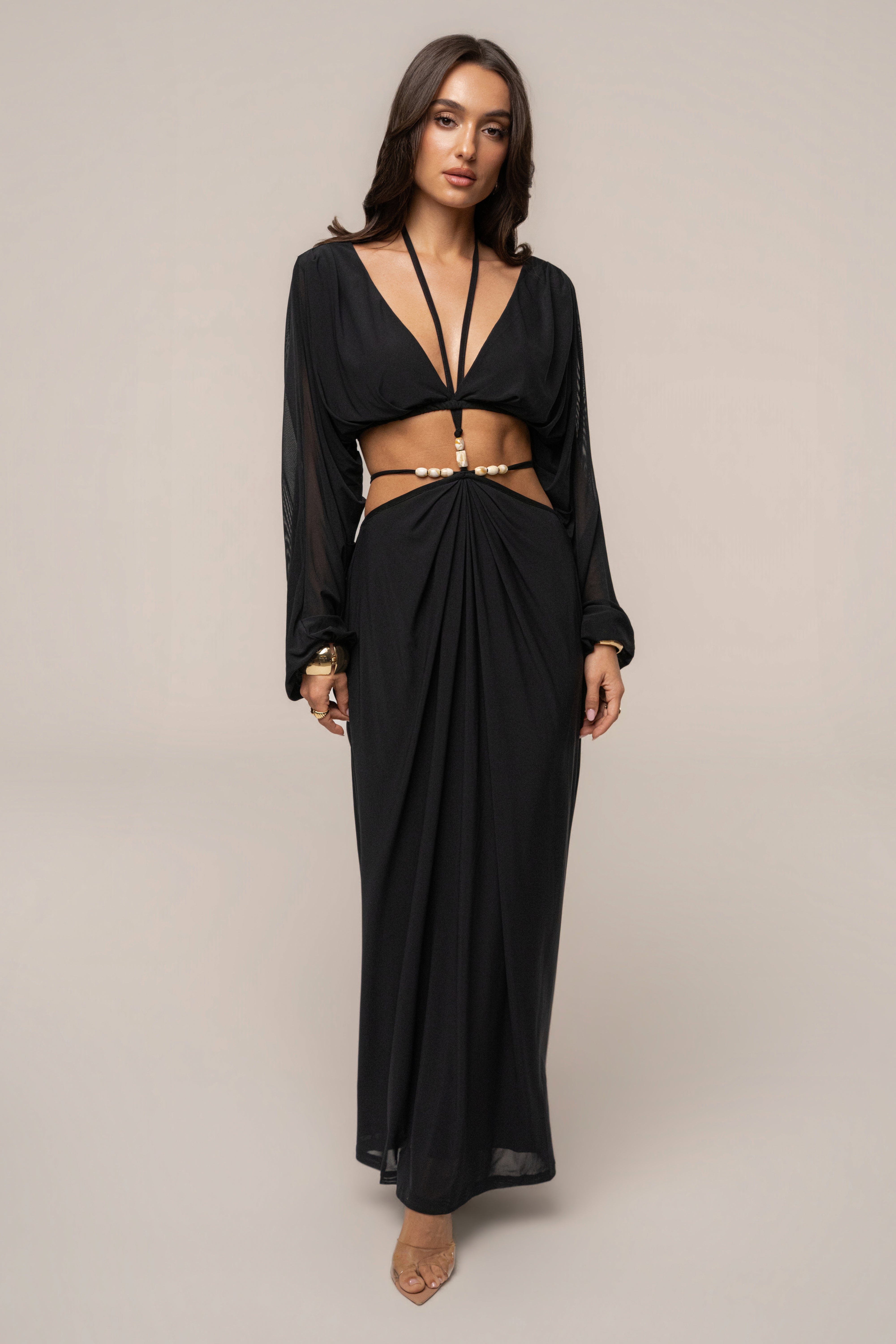 Black Hera Draped Maxi Skirt from JLUXLABEL, styled as a flowing, draped maxi skirt with a high waist and elegant silhouette.