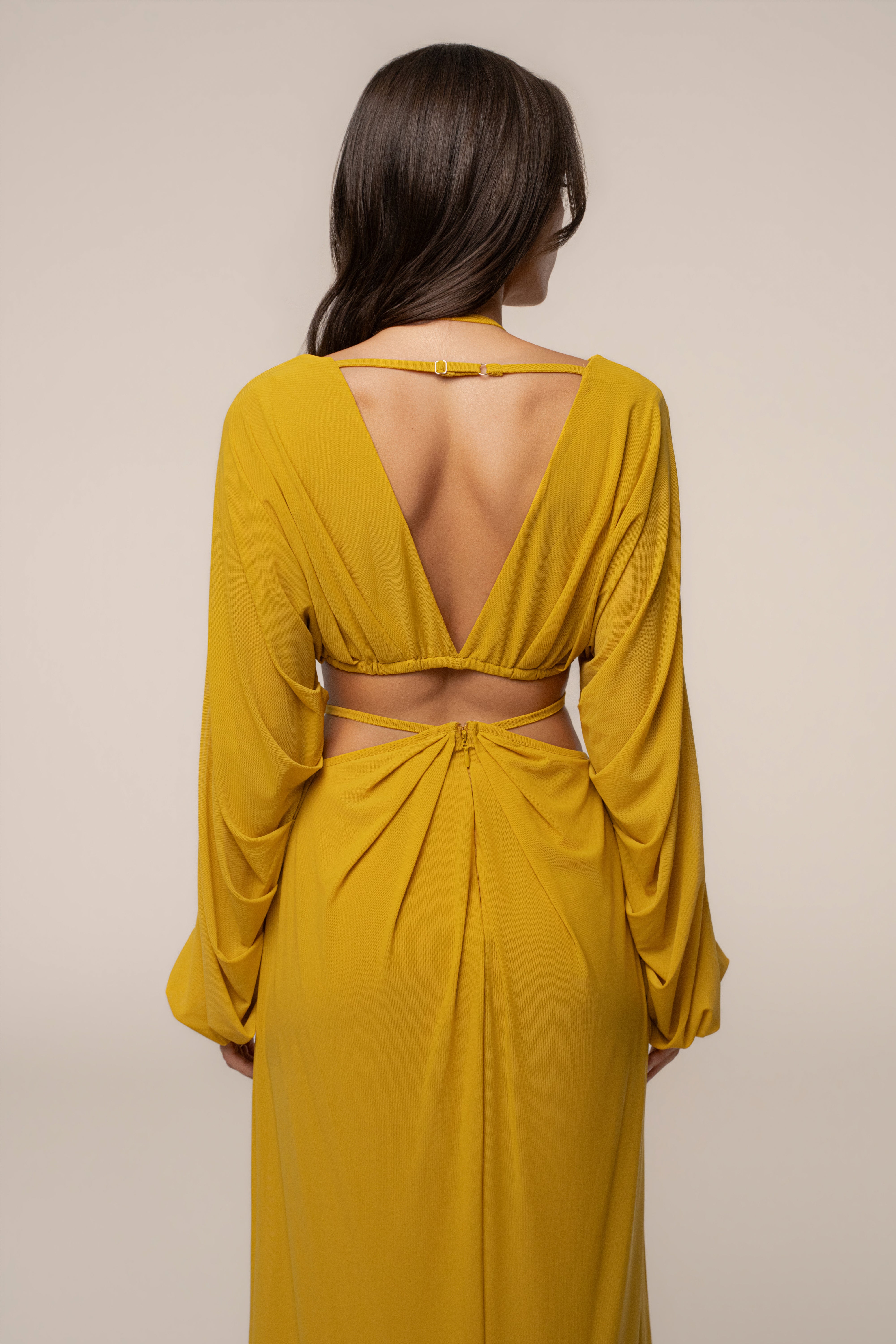 Mustard Selene Draped Top by JLUXLABEL, showcasing a stylish, flowy design with draped fabric and elegant neckline.