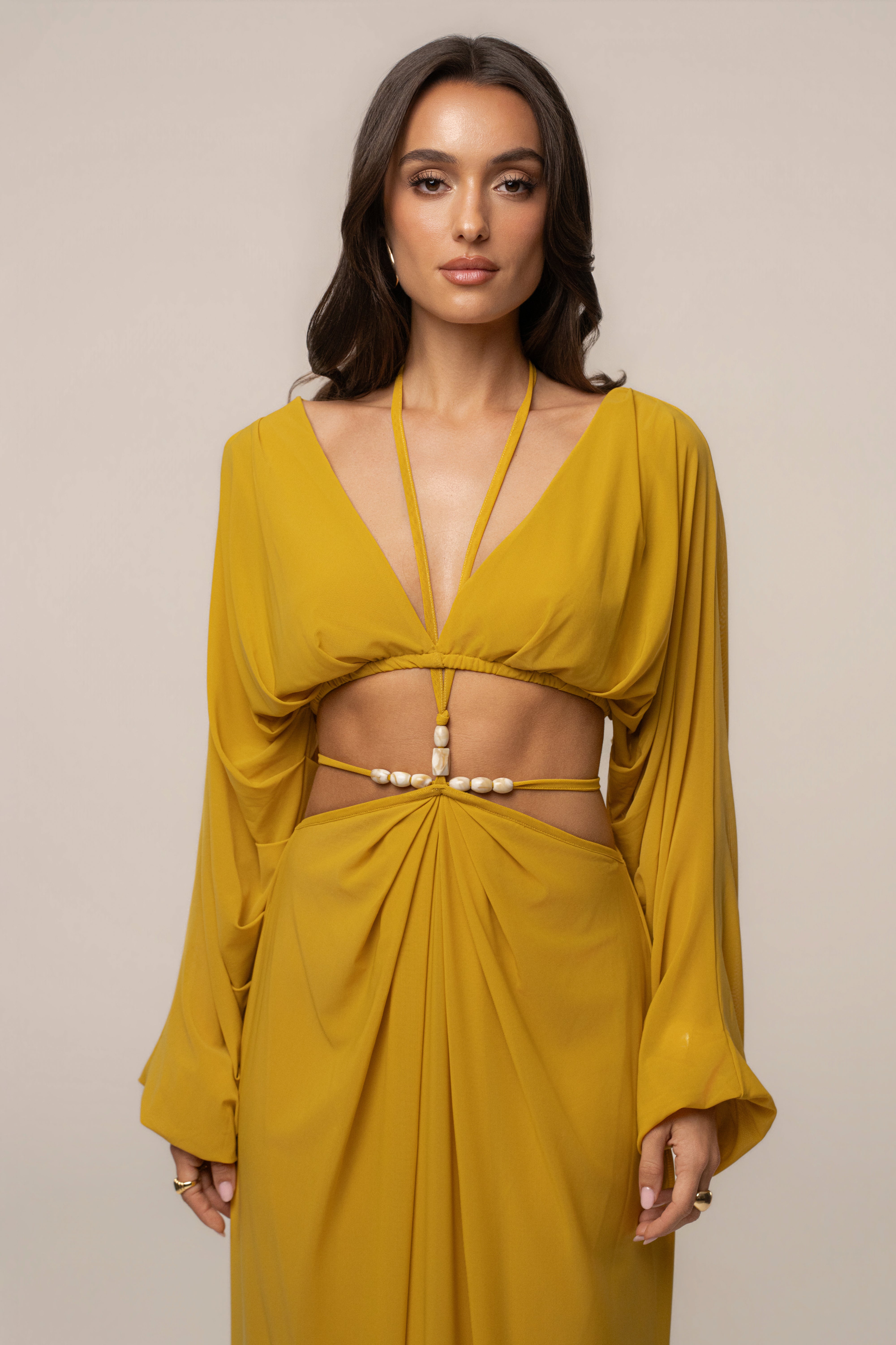 Mustard Selene Draped Top by JLUXLABEL, stylish women's top with elegant draped design and soft fabric.