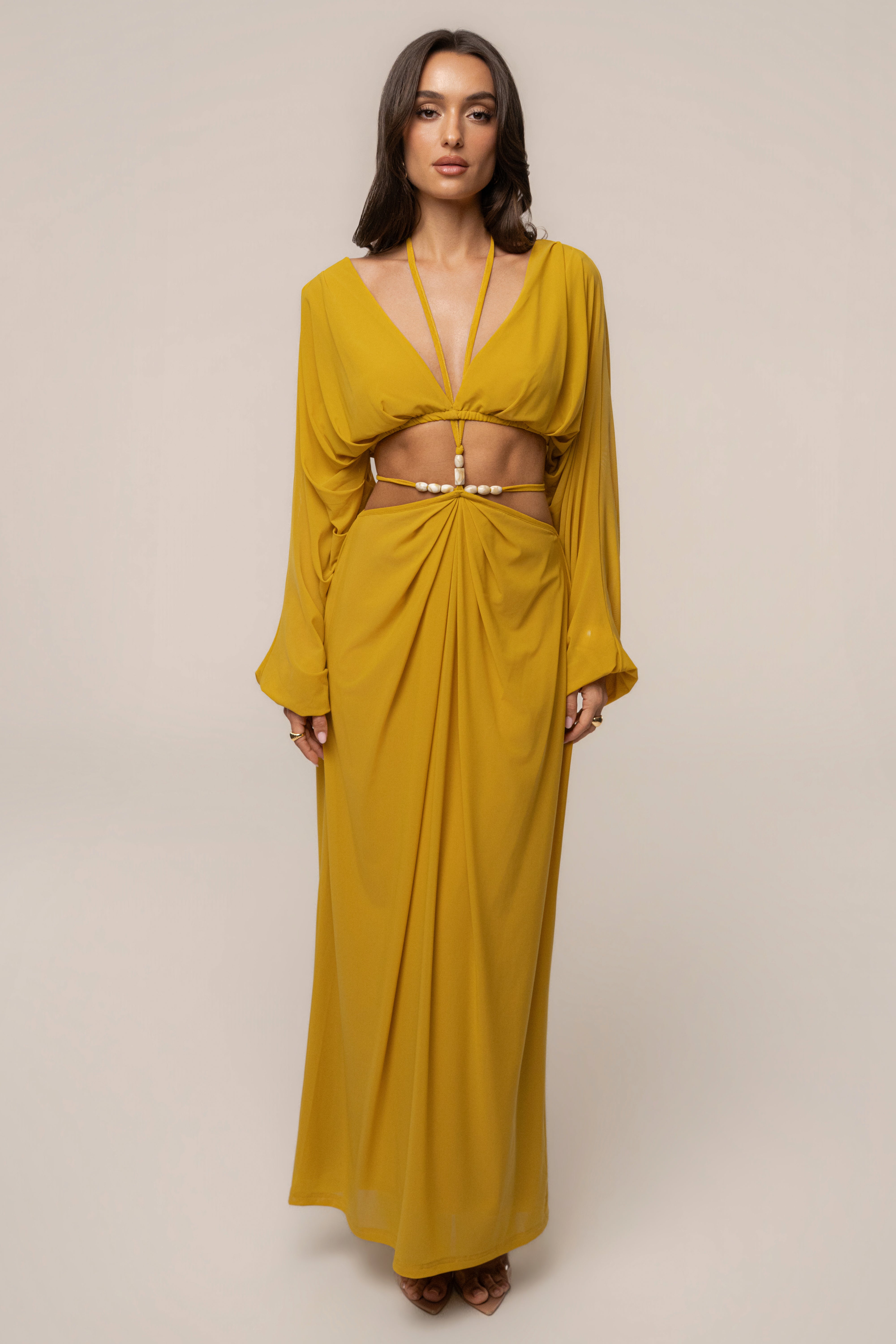 Mustard JLUXLABEL Selene draped top with flowing fabric and elegant design, perfect for stylish everyday wear.