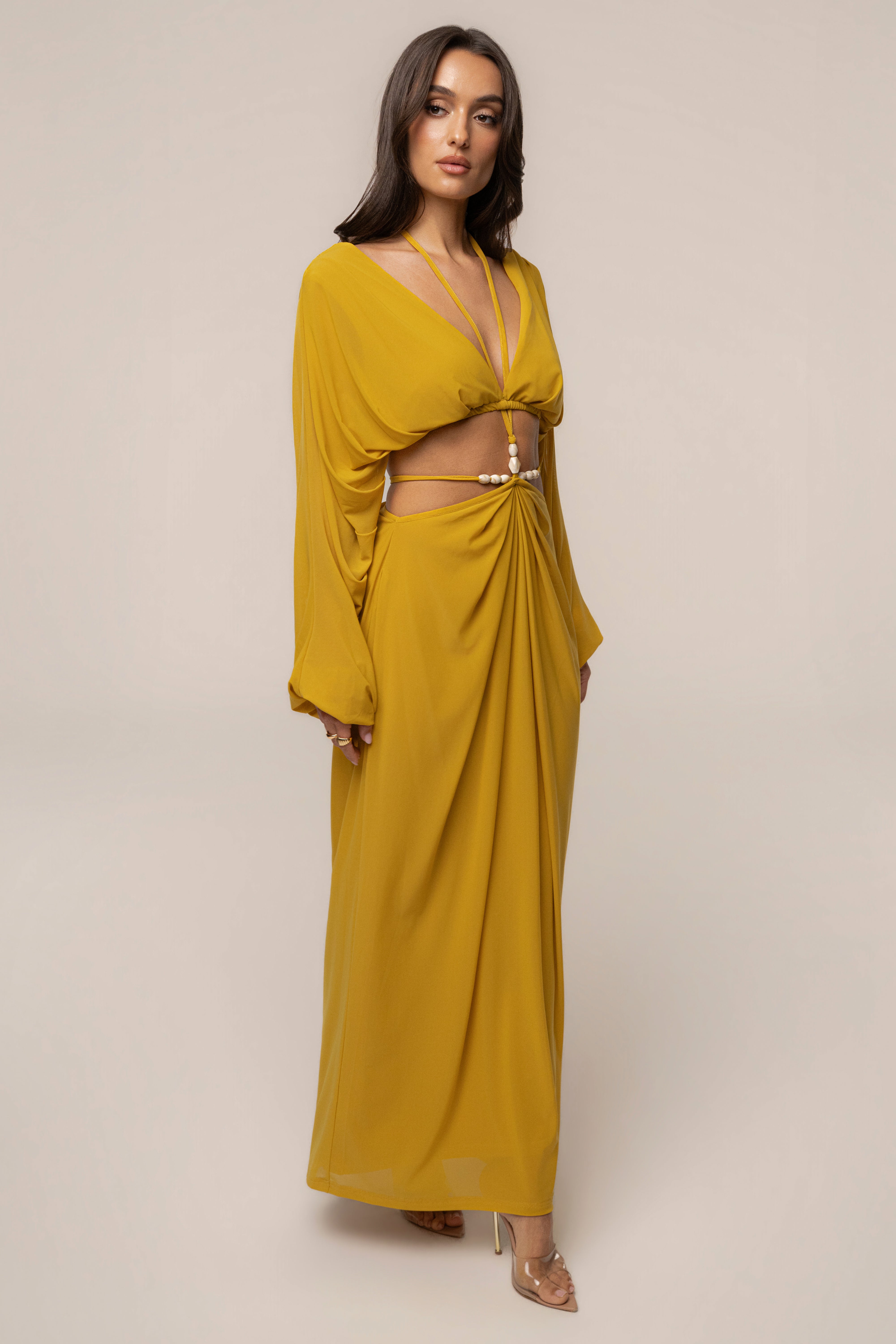 Mustard Selene Draped Top by JLUXLABEL, stylish women's top with draped design, shown on a model.