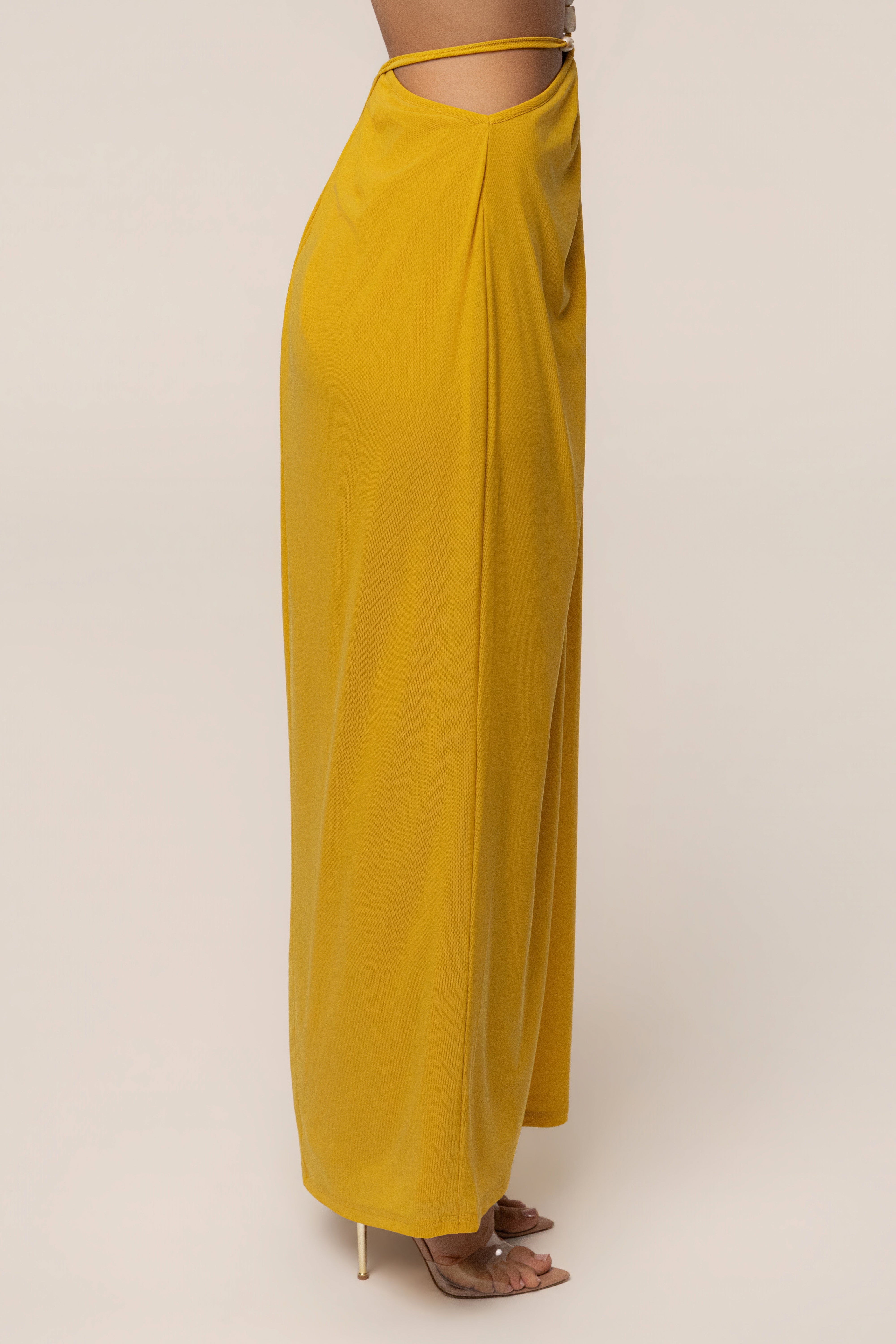 Mustard Hera Draped Maxi Skirt by JLUXLABEL, flowing draped bottom with a stylish, elegant maxi length for women.