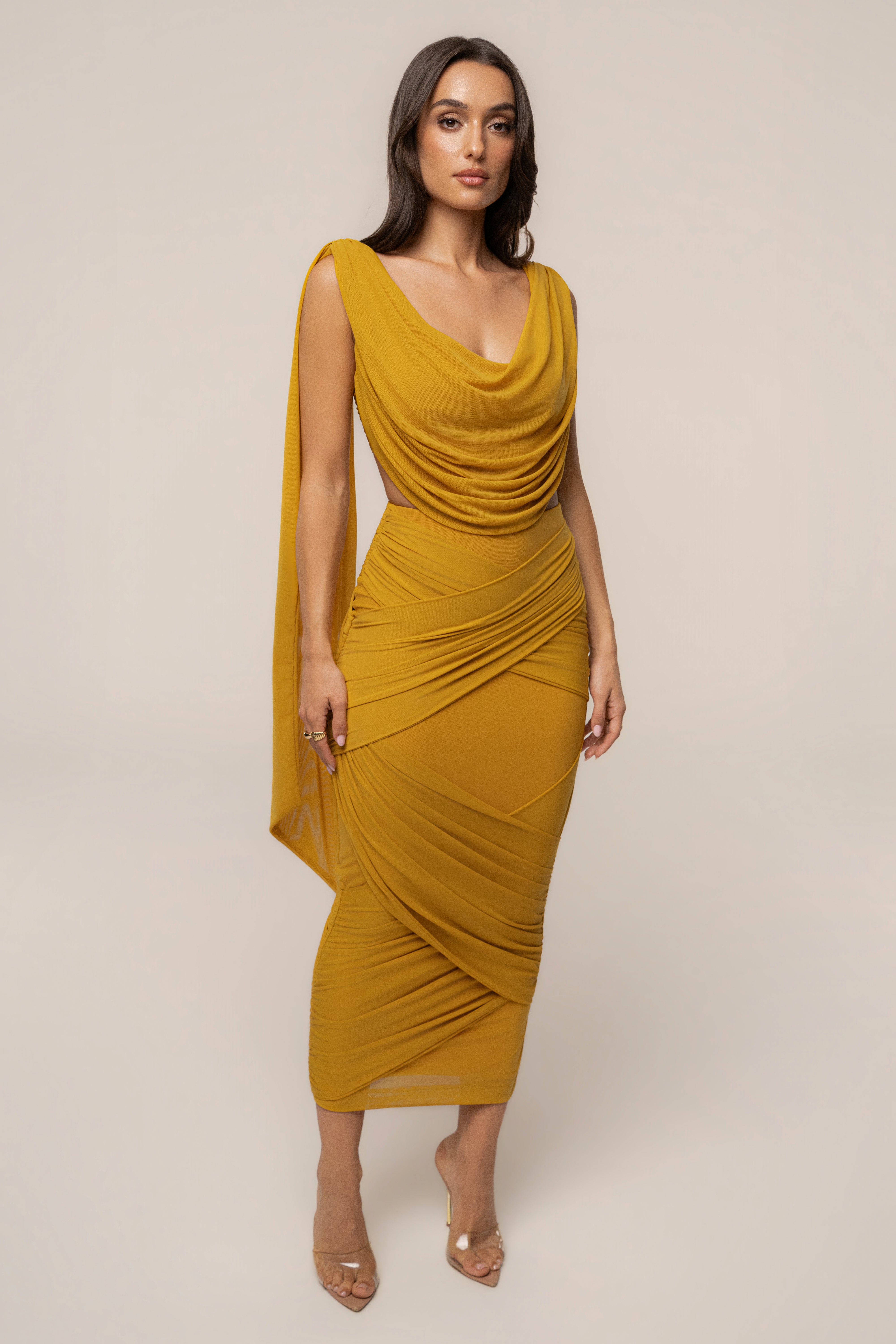 Yellow Divine Drape Mesh Skirt Set by JLUXLABEL, featuring a flowy mesh skirt and matching top for a stylish look.