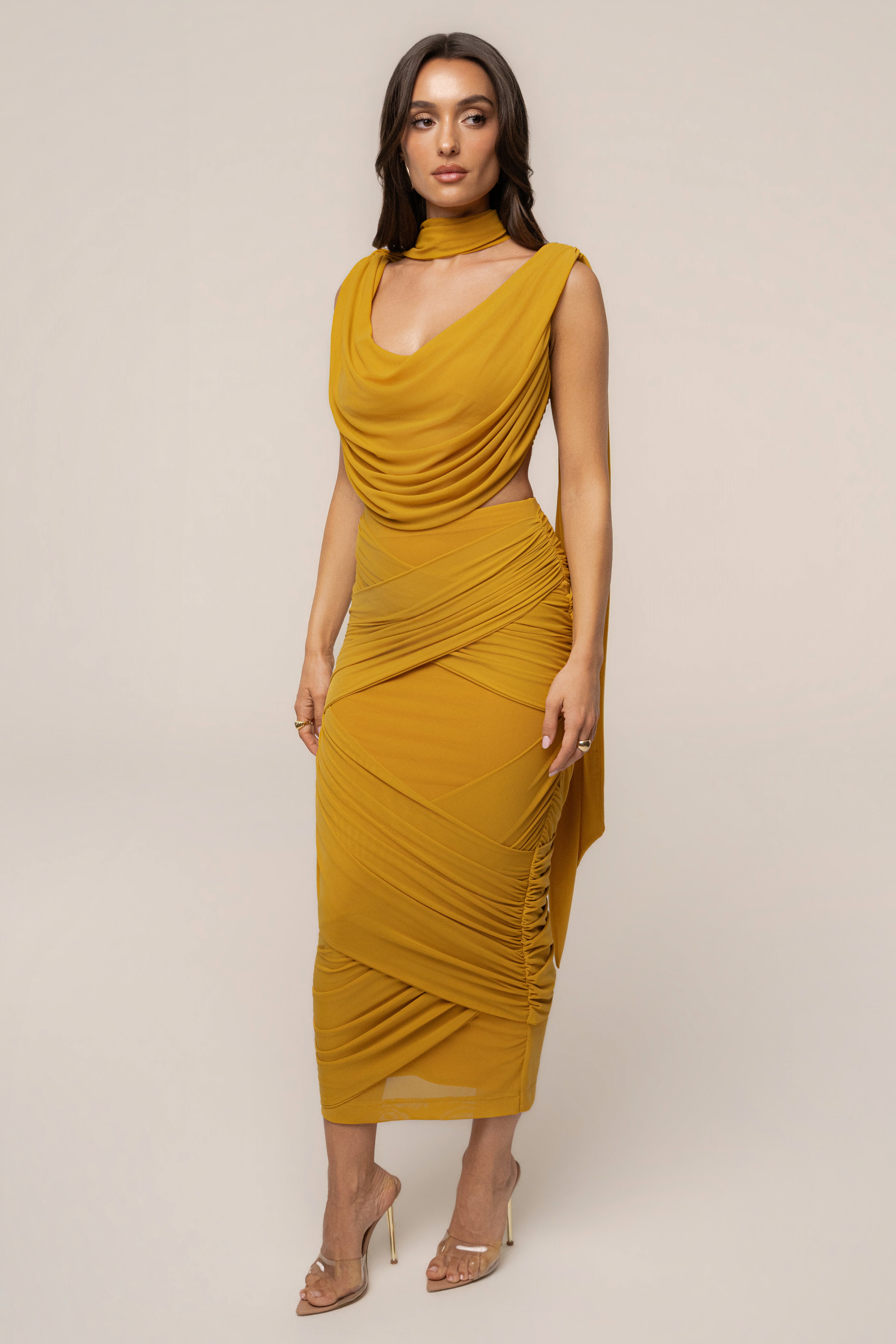 Yellow Divine Drape Mesh Skirt Set by JLUXLABEL featuring a flowing mesh skirt and matching top, stylish and elegant for trendy looks.