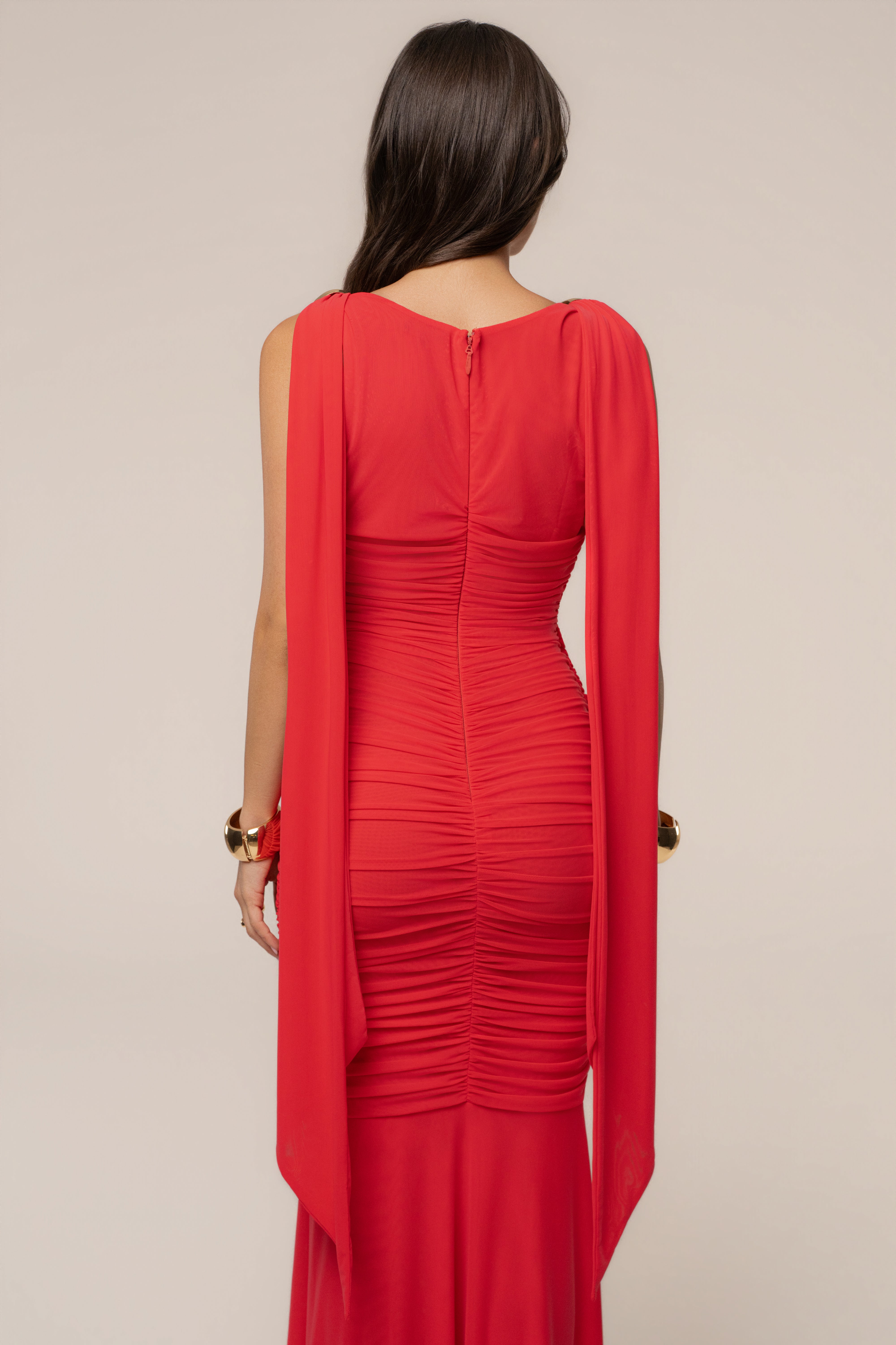 Hot coral Anastassia gold accent dress by JLUXLABEL, featuring a stylish design with gold details and a flattering fit.
