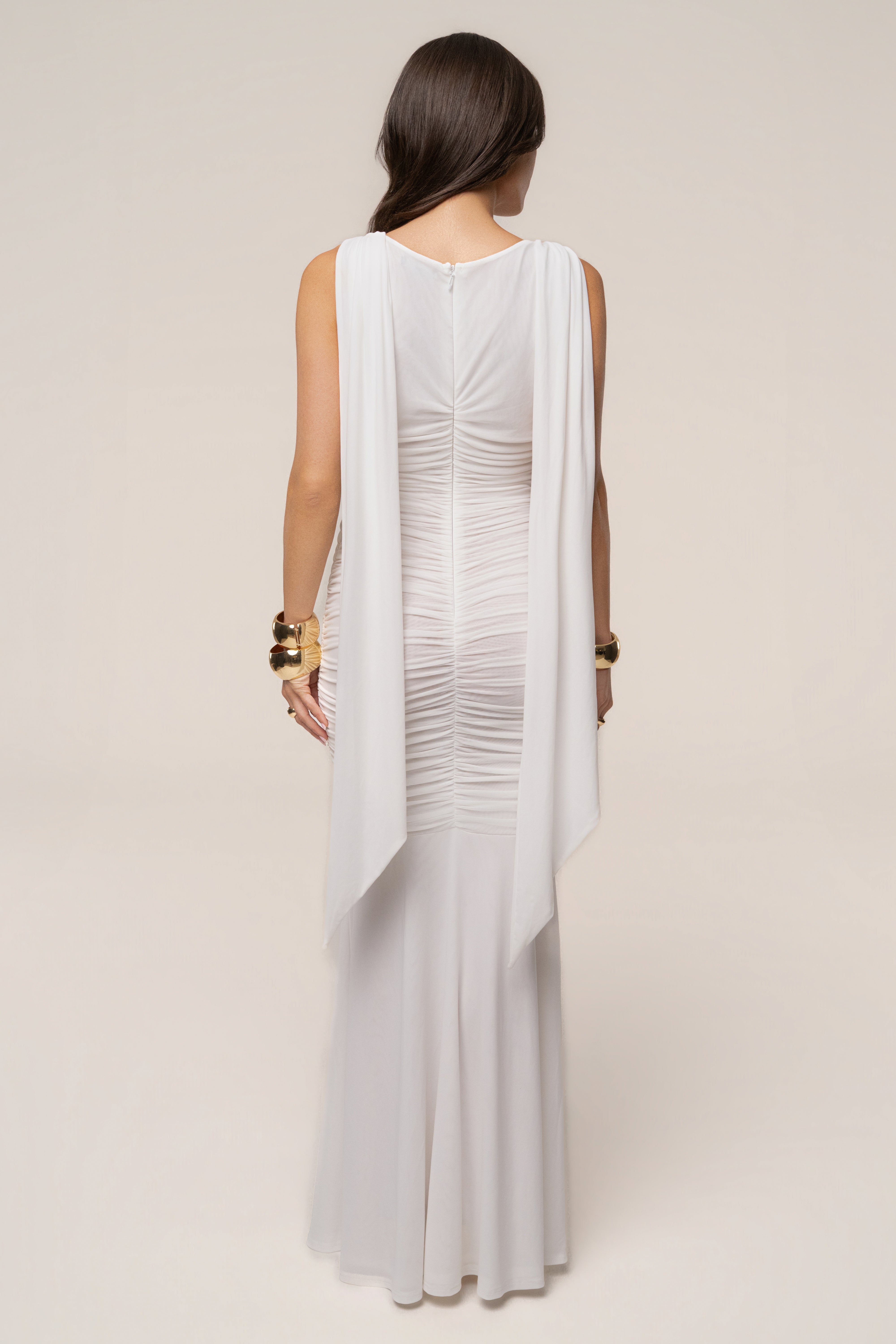 Ivory Anastassia gold-accent dress by JLUXLABEL, elegant dress with gold details, displayed on a mannequin.