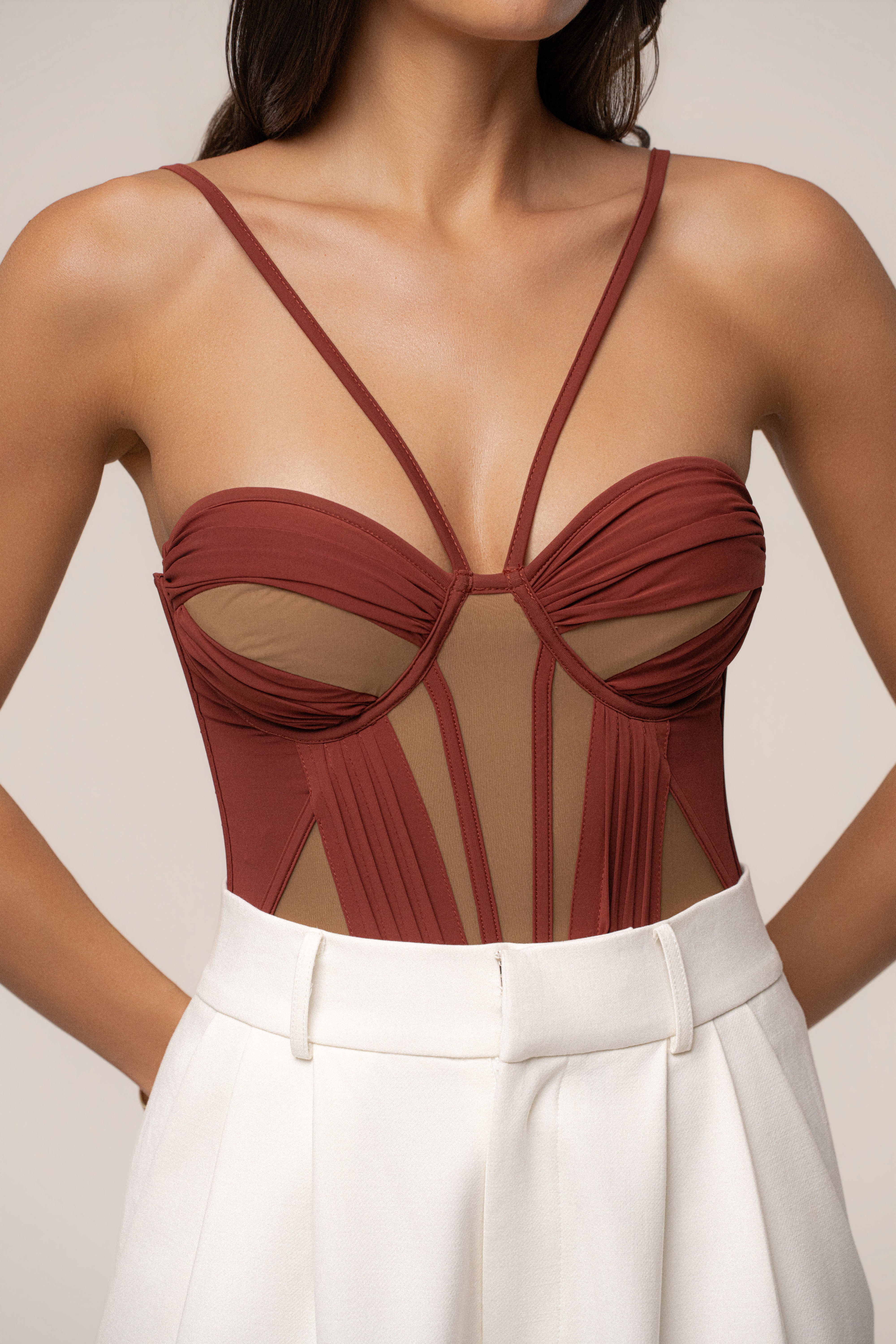 Maroon Illusion Contrast Bodysuit
