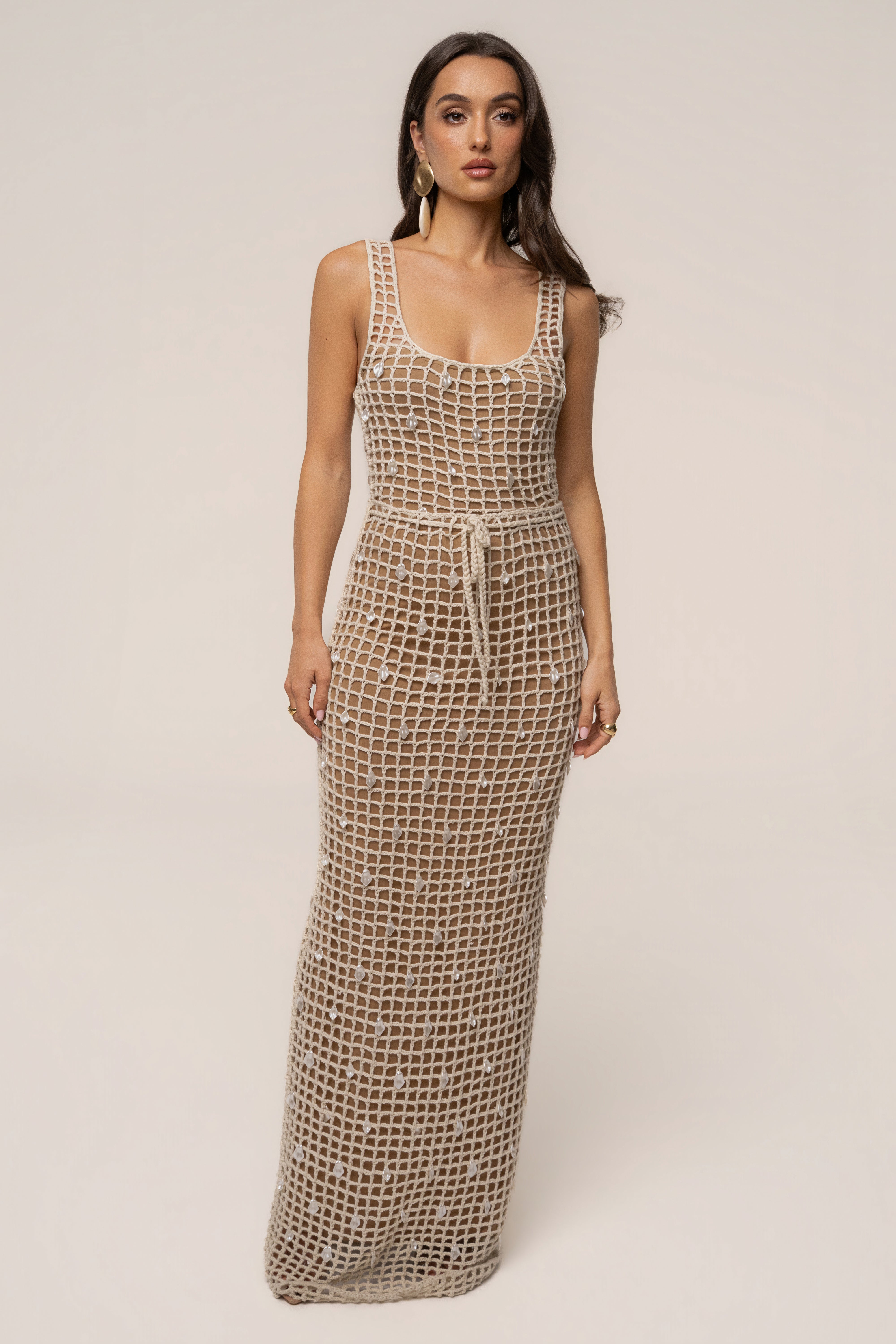 Ecru Pearl Shore crochet skirt from JLUXLABEL, featuring intricate crochet details and a flowy, feminine design.