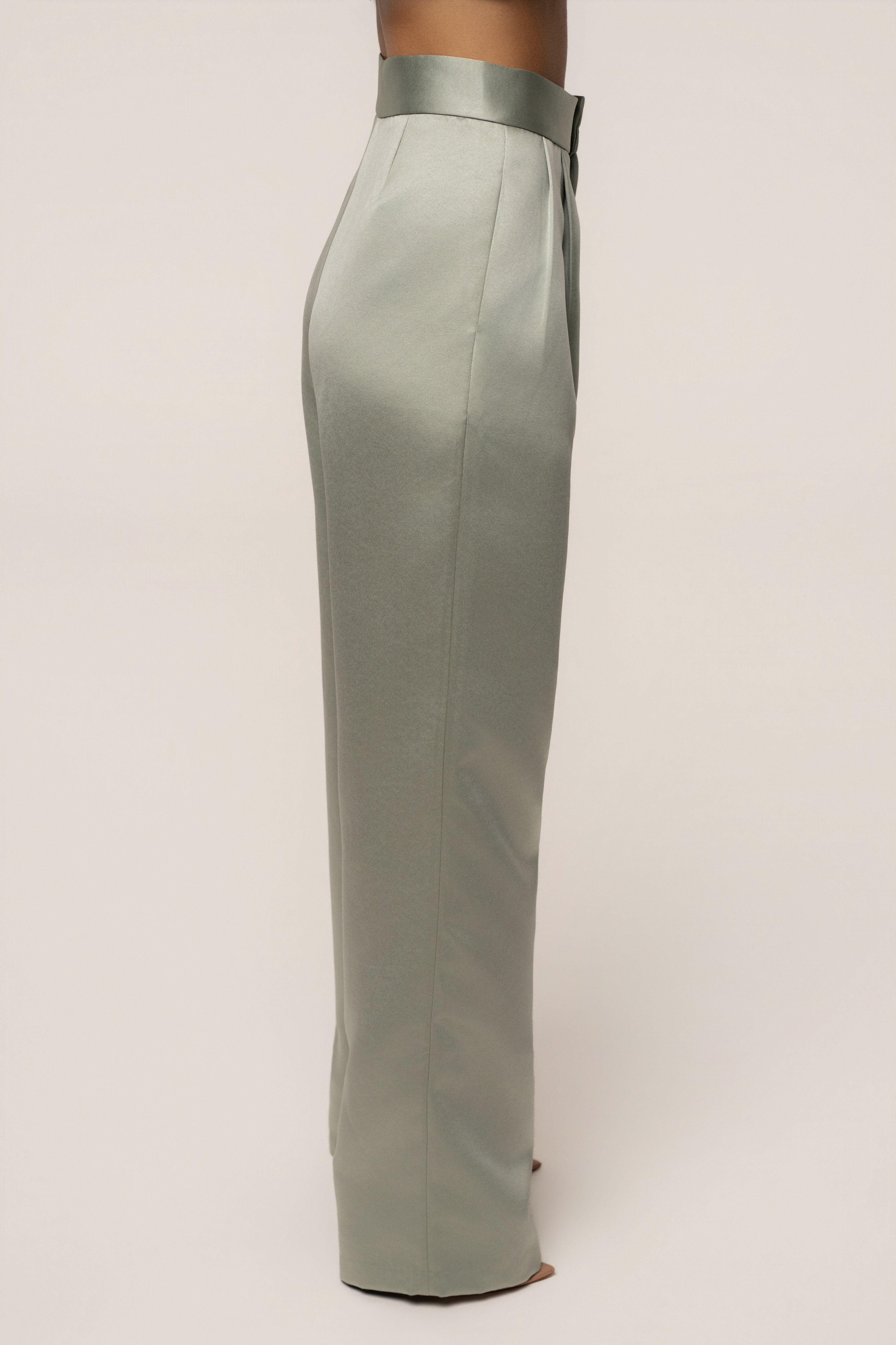 Sage City Nights satin trousers from JLUXLABEL, stylish bottoms with a smooth satin finish and relaxed fit.