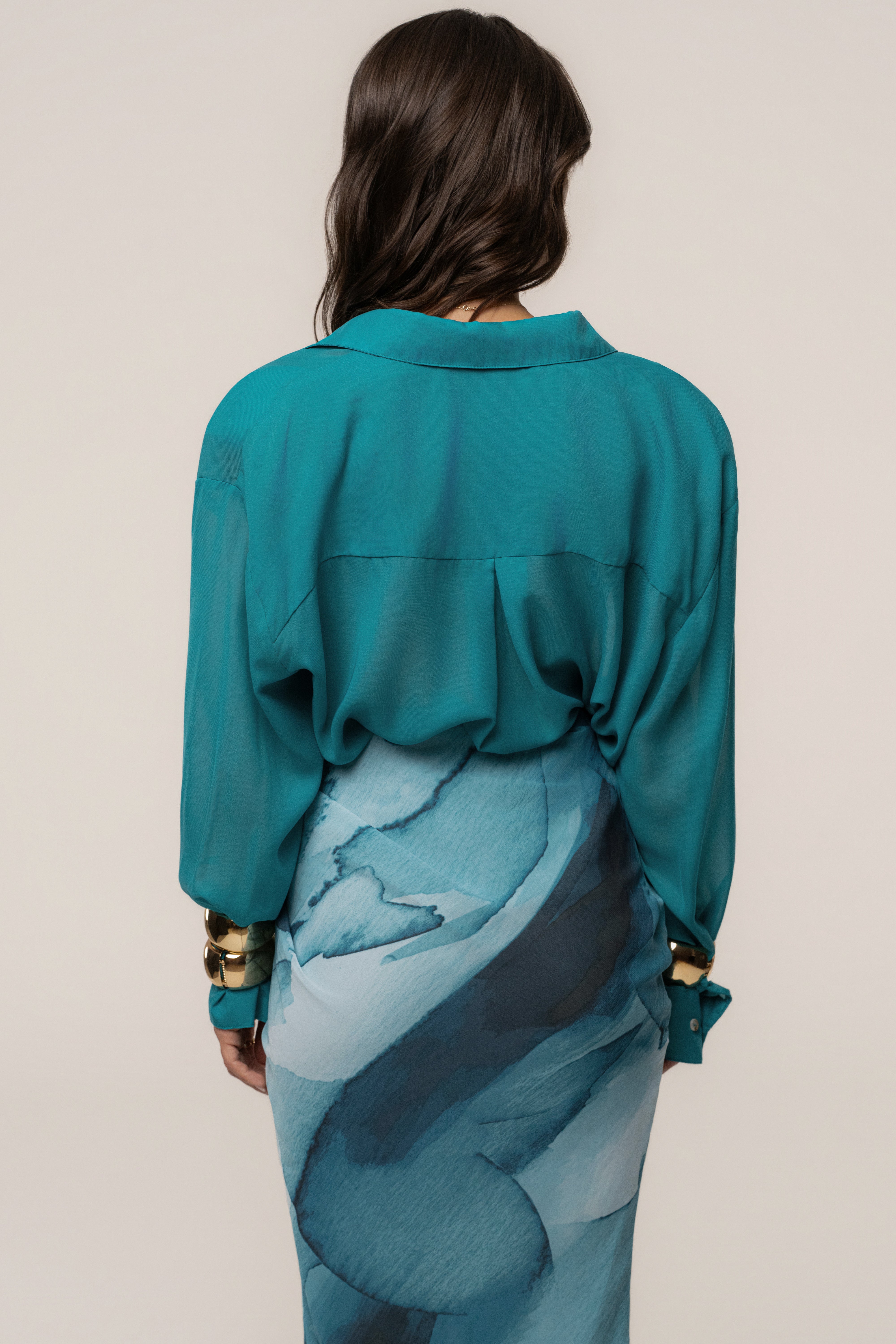 Aqua Fierce JLUXLABEL button-down shirt with long sleeves and collar, styled as a casual tops outfit.
