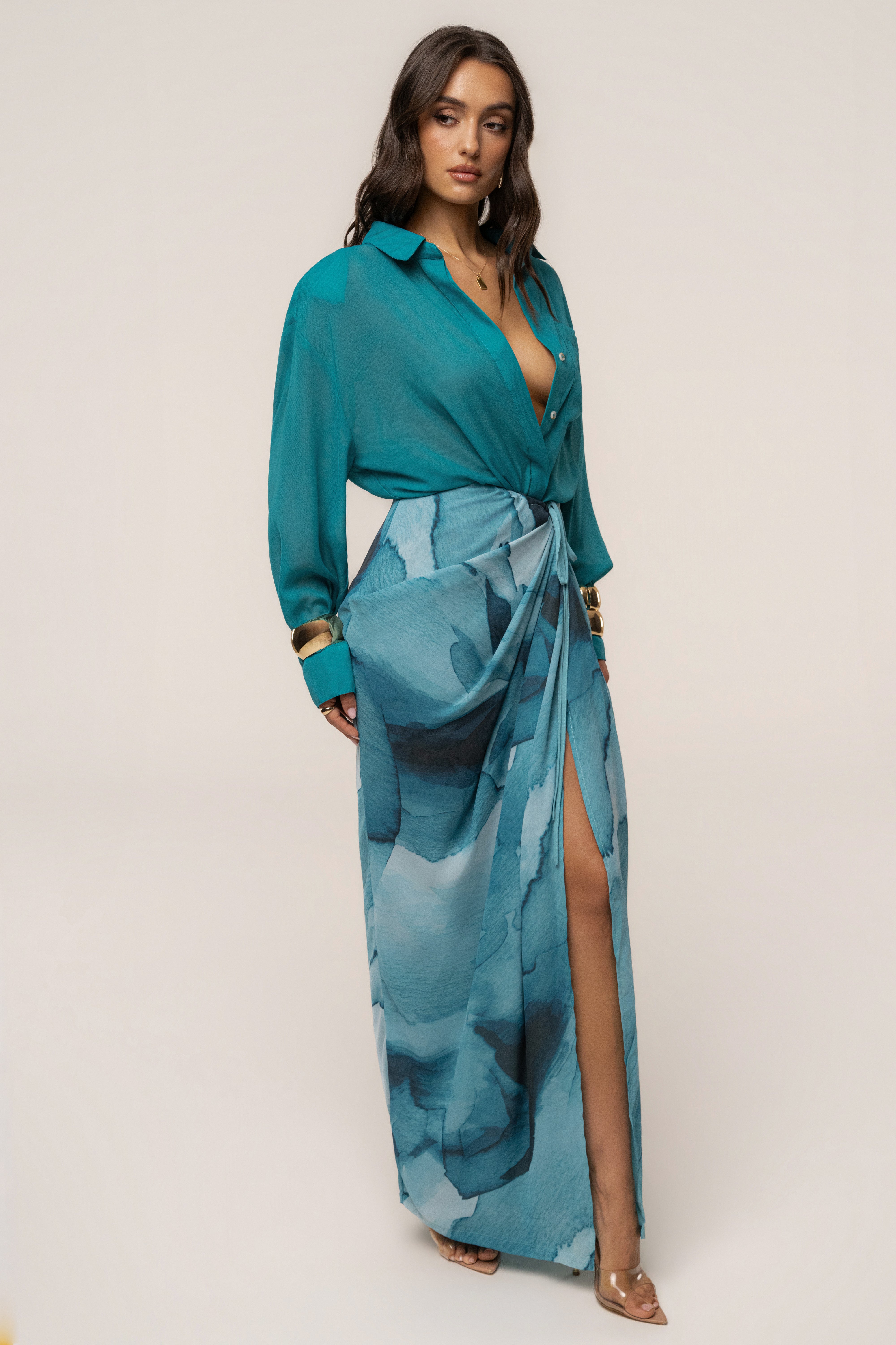 Aqua Fierce JLUXLABEL button-down shirt, stylish tops with a fitted collar and long sleeves, displayed on a neutral background.