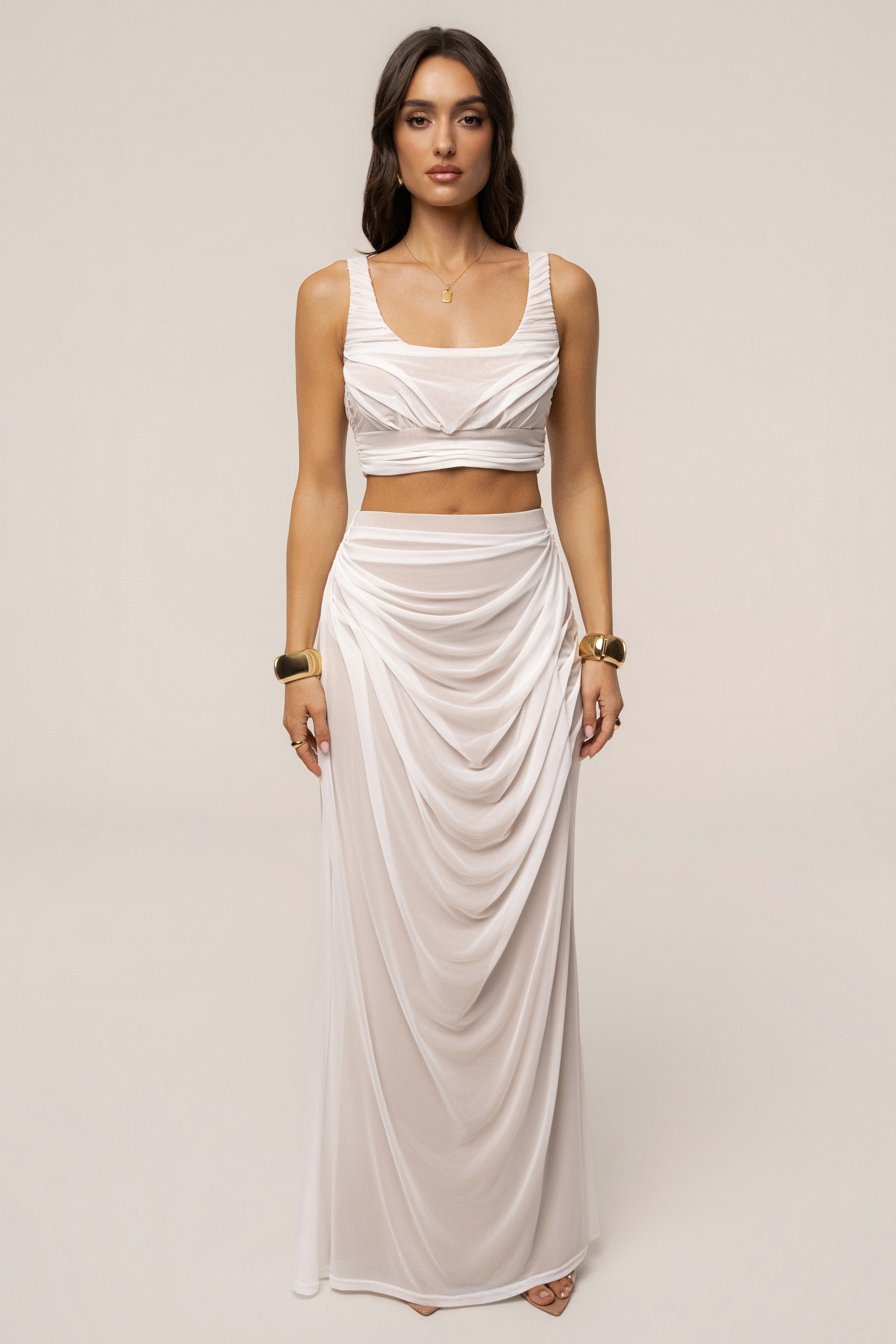 Ivory Ethereal Flow maxi skirt by JLUXLABEL, featuring lightweight, flowing fabric and a relaxed, elegant silhouette.