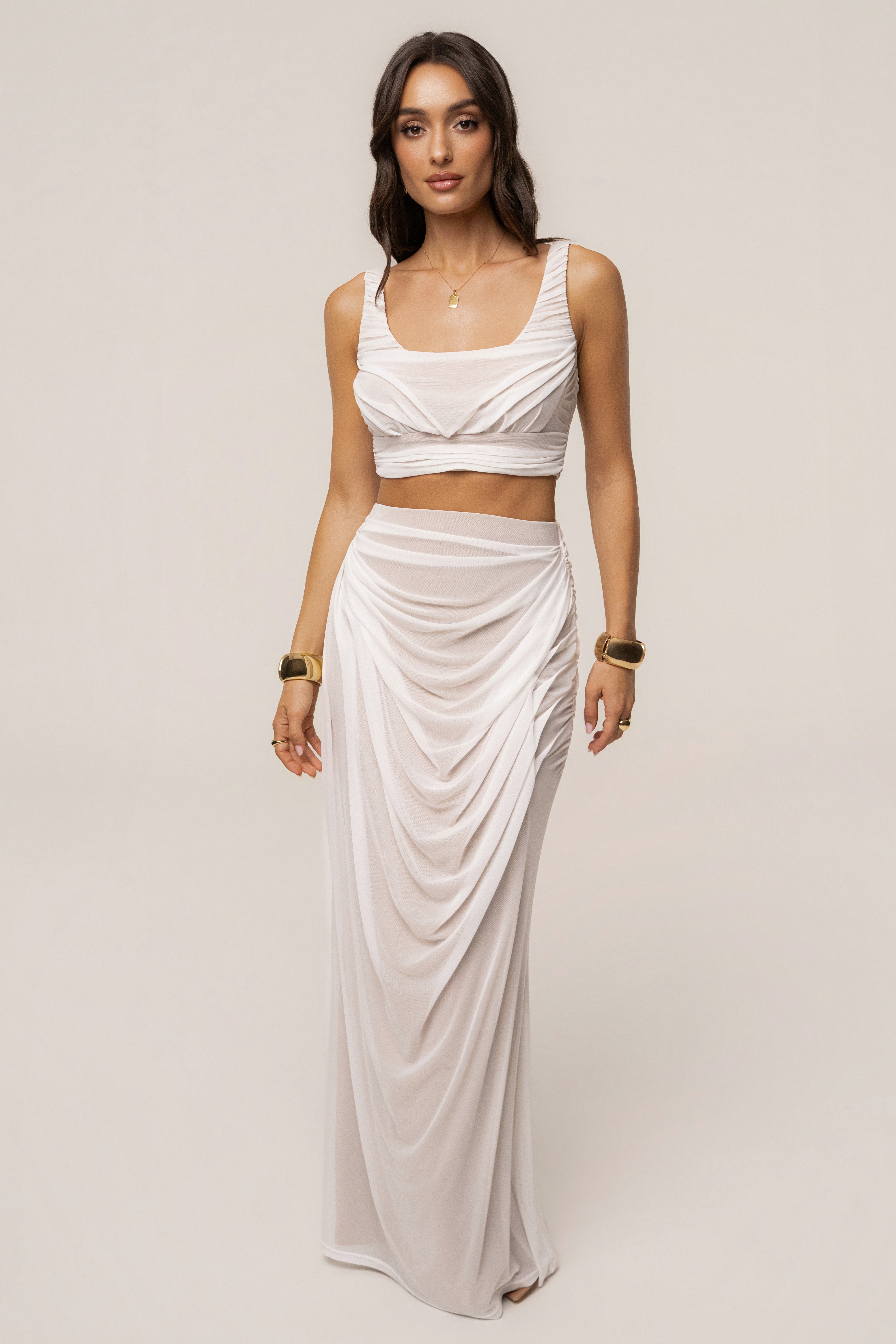 Ivory Ethereal Flow Maxi Skirt by JLUXLABEL, flowing lightweight skirt with a soft, elegant design, perfect for stylish casual wear.