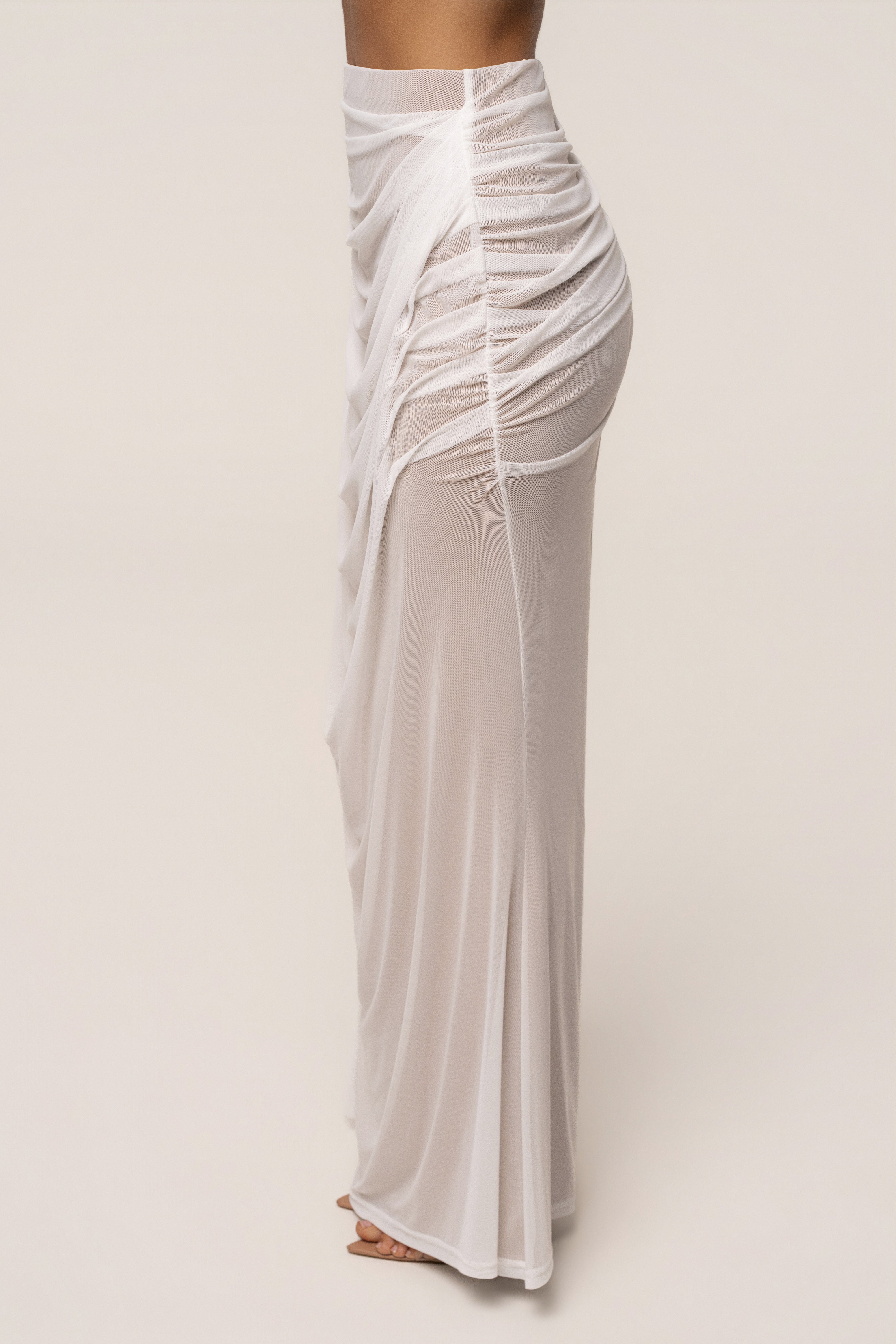 Ivory Ethereal Flow maxi skirt by JLUXLABEL, flowing fabric with a high waist and elegant drape, perfect for stylish summer outfits.